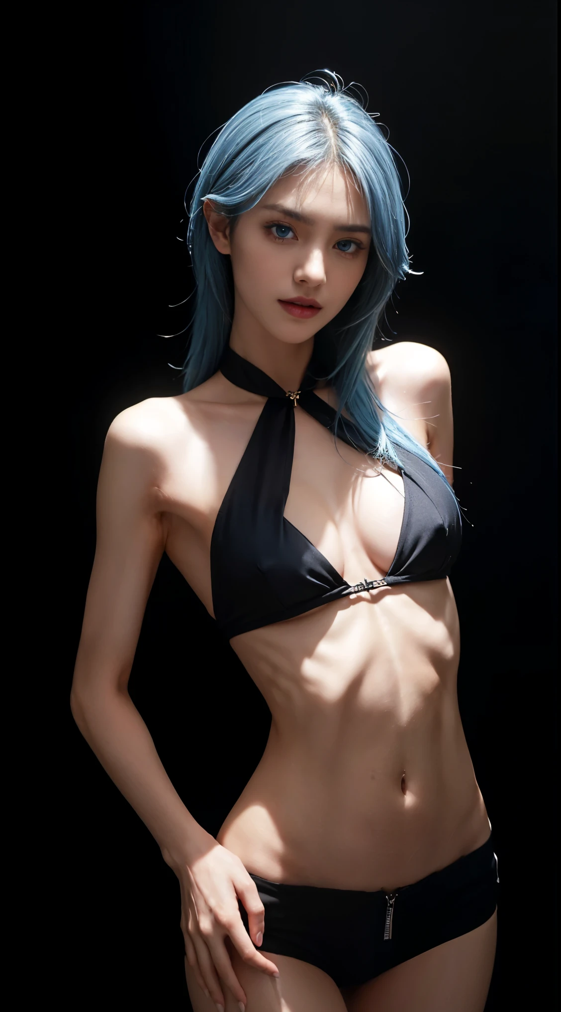 8K, Top Quality, Intricate Details, Ultra Detail, Ultra High Resolution, Masterpiece, close up shot, Slender,, ((full body)), (Makeup: 0.4), (Fluffy Blue Eyes: 1.21), , looking at viewer, (()), 1girl, solo, 1 girl, (( )), , , ((tall)), (((fit body))), (((slim face))), sharp face , smile, (( blue hair, long hair )) , (detailed face), sharp face, small lips, standing, , show belly ,, hand on hip , ((, naked)), ((detail belly )), detail fingers, detail hands, detailed face, detailed breast, huge breast, Narrow Waist, Skinny, 175 cm tall , Muscular, Navel, Exposed Abdomen, Pointed Ches , large breast, , , Beautiful girl with accentuated slender abs: 1.4, Six Pack Abs: 1.4, Bust Botox,, Perfect Body, (( dark background)), black background, full body,