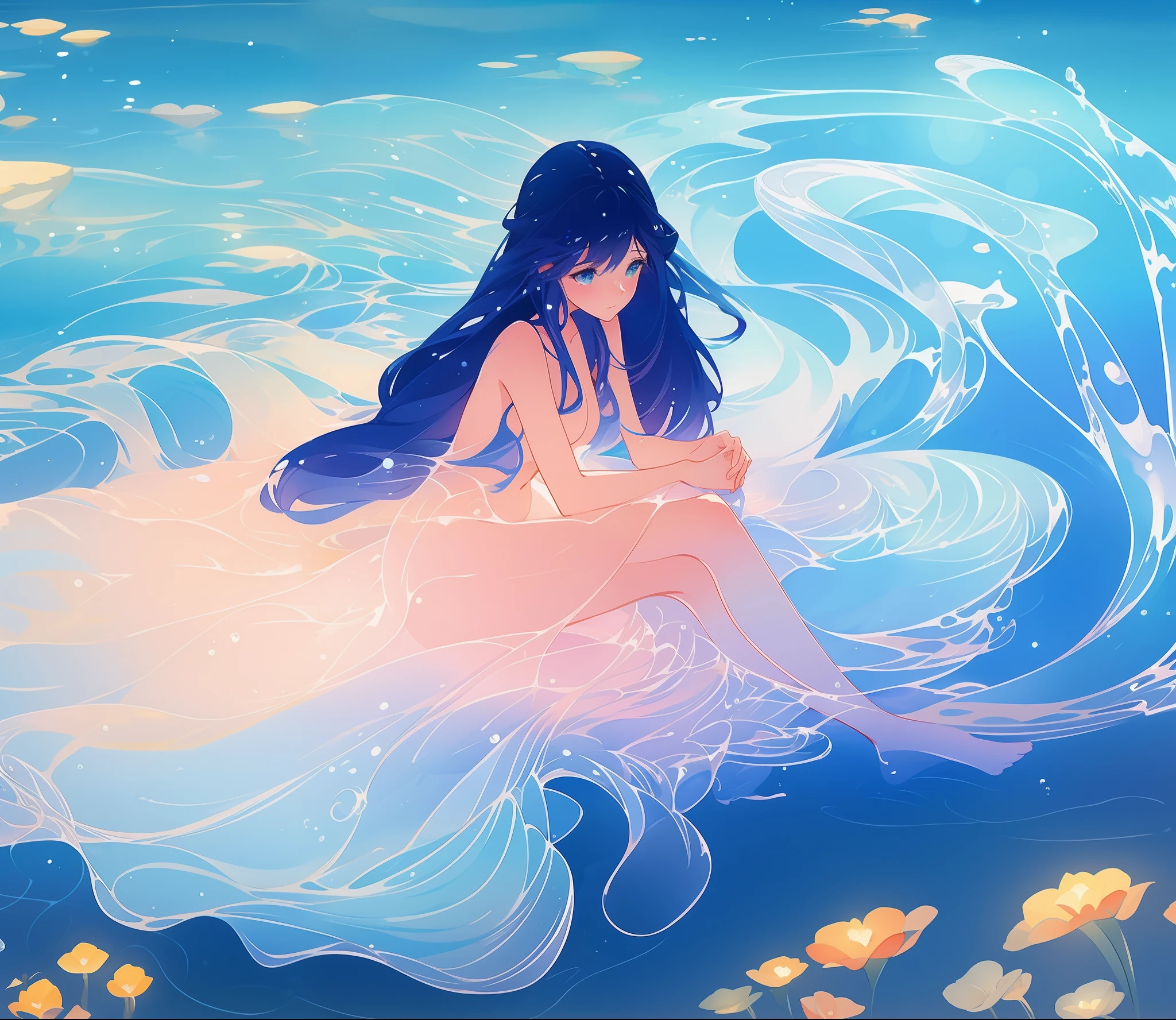 beautiful nude girl covered by seafoam, long dark hair, beautiful girl sitting in the water, private areas covered by seafoam, water nymph, water fairy, watercolor illustration, inspired by Glen Keane, inspired by Lois van Baarle, disney art style, by Lois van Baarle, by Glen Keane, jen bartel, beautiful digital illustration, fantasia otherworldly, beautiful, masterpiece, best quality, anime disney style