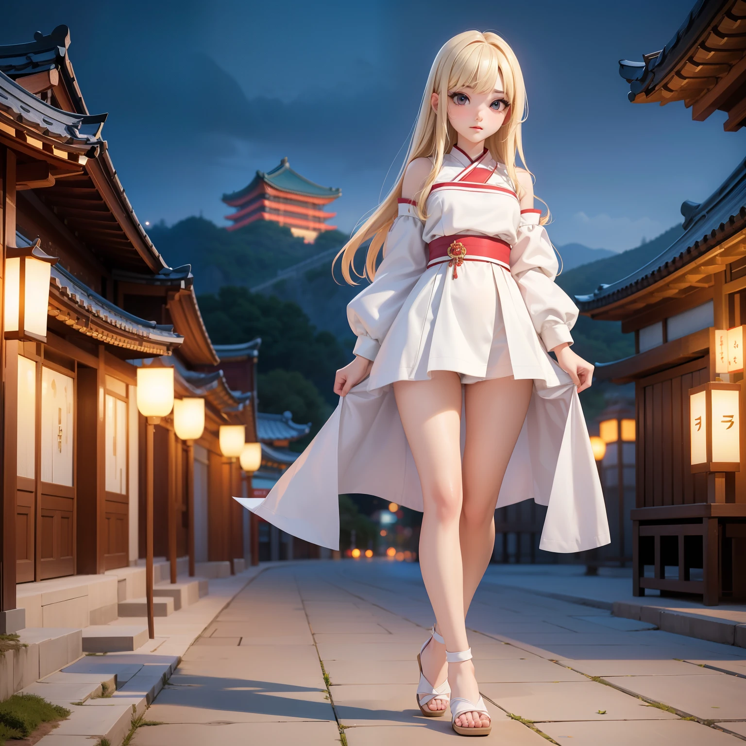 Korean , beautiful face, youthful face, thin jaw, bangs, long blonde hair, pale skin, body, full body, straight breasts, flat breasts, small breasts, thick legs, short legs, fat thighs, wearing tiny trapezoid dress, walking , night, Gyeongbokgung in the background, masterpiece, detailed scenery, cozy scenery