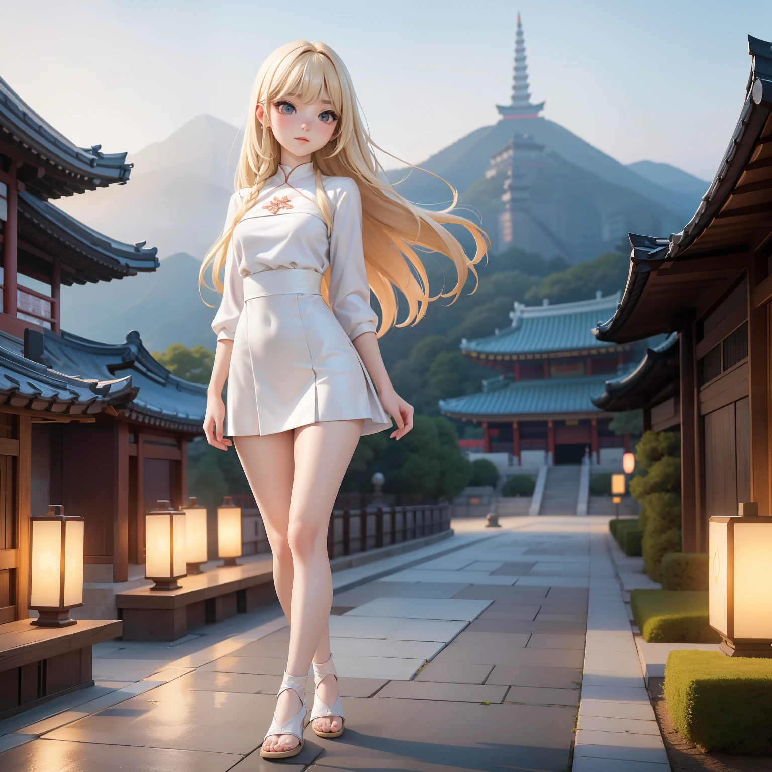Korean teen, beautiful face, youthful face, thin jaw, bangs, long blonde hair, pale skin, body, full body, straight breasts, flat breasts, small breasts, thick legs, short legs, fat thighs, wearing tiny trapezoid dress, walking , night, Gyeongbokgung in the background, masterpiece, detailed scenery, cozy scenery