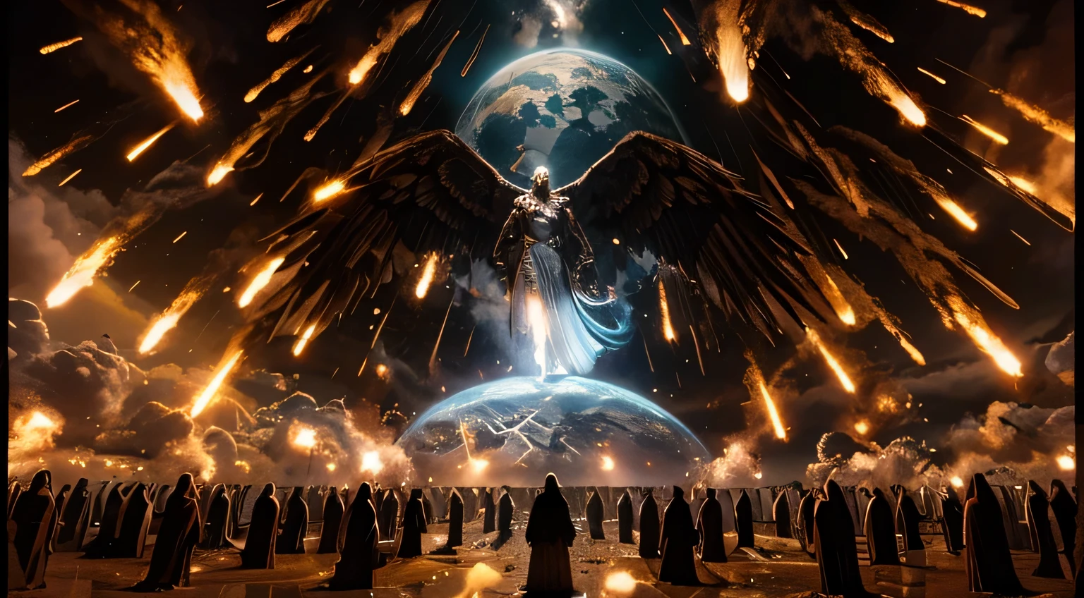 um anjo parado na frente de um grupo de pessoas, desktopografia, fim dos tempos, arte de heavy metal, npc com um santo\Hello, Detailed projections, chefe de fim de jogo, inspirado em Irvin Bomb, inspirado em Anne Stokes, the sky falls to the ground, the energy is released