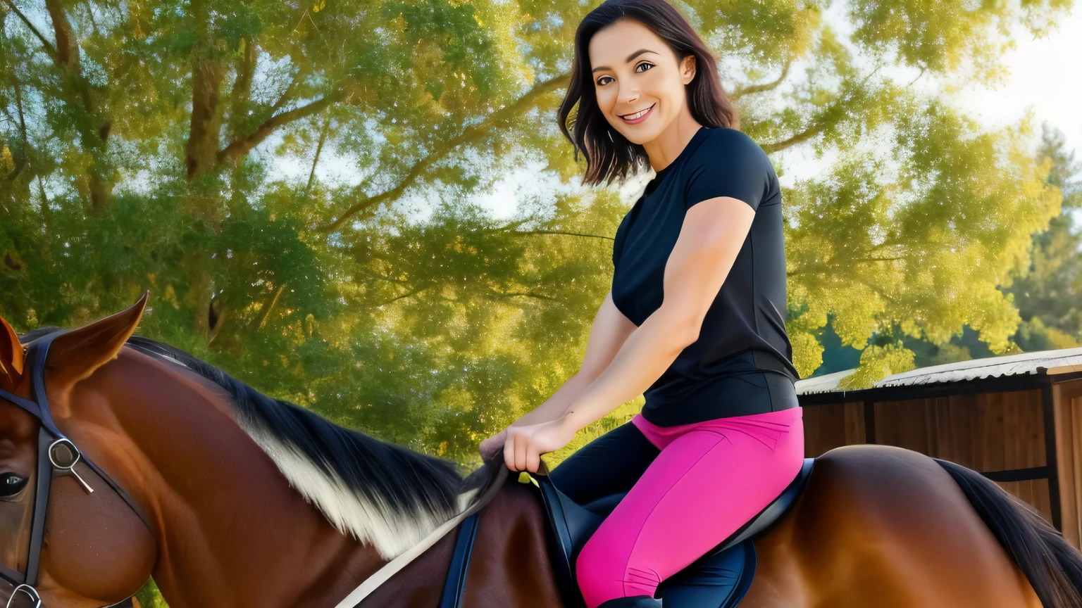 woman in black t-shirt riding a brown horse in a wooded area, riding a horse, riding a black horse, riding a horse, on a horse, riding a horse, riding a prancing horse, without reins, horse riding, profile picture, with horse led. Woman in good physical shape. A woman with white skin and dark hair. She is about 35 years old. Her slightly plump red lips are like a delicate flower, her dark brown eyes seem to contain a world of wonders. Slim body. Thin waist. Her body exudes glamor and her face is the definition of beauty. Highly realistic, still, slightly full lips, pink lipstick, smile, feeling of lightness and joy, hyper-realism, very elaborate skin, look. Fitness woman. Sharp photo, high quality, high resolution, masterpiece, 8k.