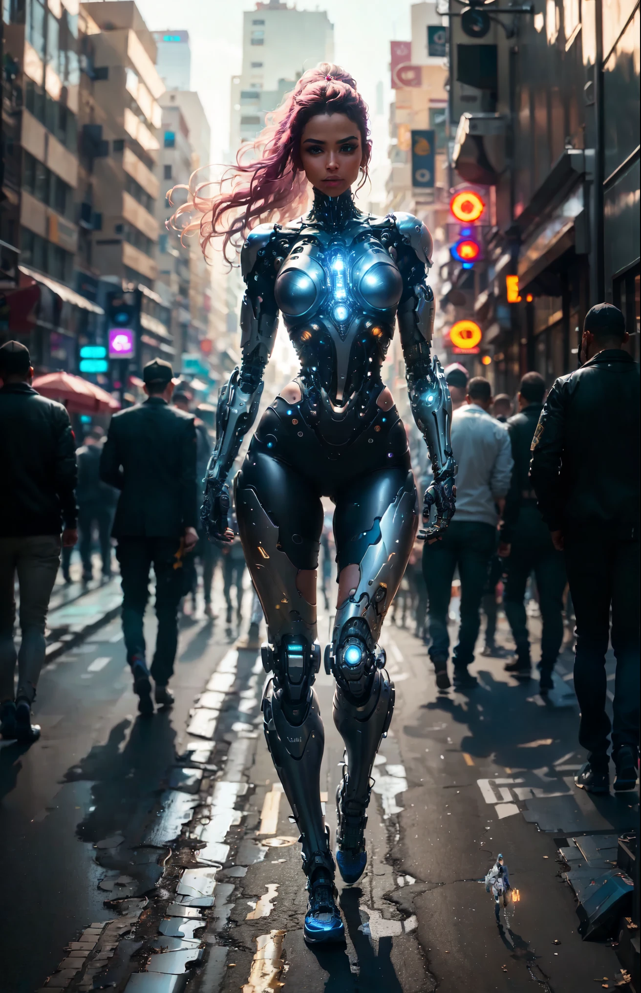 Female cyborg walking down the street in a crowd of people in the big city, defile show, high quality, best quality, absurdres, masterpiece, beautiful, intricate details, 1/2 body crop, slim body, beautiful figure, magnificent anatomy, (intricate details:1.12), HDR, (intricate details, hyper-detailing:1.15), (natural skin textures, hyper realisitc, soft light, Sharp:1.2)
