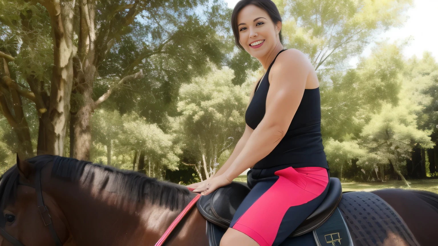 woman in black t-shirt riding a brown horse in a wooded area, riding a horse, riding a black horse, riding a horse, on a horse, riding a horse, riding a prancing horse, without reins, horse riding, profile picture, with horse led. Woman in good physical shape. A woman with white skin and dark hair. She is about 35 years old. Her slightly plump red lips are like a delicate flower, her dark brown eyes seem to contain a world of wonders. Slim body. Thin waist. Her body exudes glamor and her face is the definition of beauty. Highly realistic, still, slightly full lips, pink lipstick, smile, feeling of lightness and joy, hyper-realism, very elaborate skin, look. Fitness woman. Sharp photo, high quality, high resolution, masterpiece, 8k.