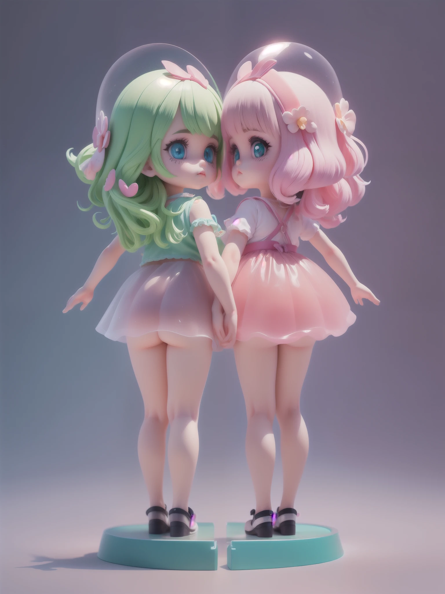 Detailed plastic materials, ((same character, front, side, back)) best quality, (very detailed model), (best quality), octane rendering, ray tracing, very detailed, 3D toys , exaggerated huge hair, (full body) (3D hair, cute hair accessories, ((children)), beautiful eyes, cute big eyes, cute face, pink-green gradient, drum skirt, cute skirt, chib, fluorescent half Transparent, colorful, plastic, children, transparent, product design, luminous jelly, exquisite and cute plastic, beautiful light and shadow 3d, digital art, translucent plastic bubble gum, close-up, 3d, ultra-detailed, generate front view, side view, rear view three views , Borderless, c4d, Octane rendering, Blender, HD, full body, simple background!