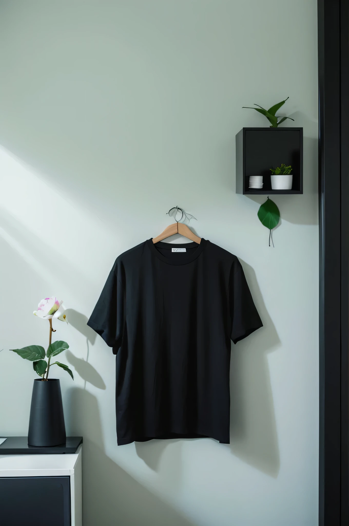 A black T-shirt hangs on the wall,Soft cotton reversible fabric,oil-proof、waterproof fabric,T-shirt spit out,minimalist showroom,A green flower in a small vase on a geometric cabinet