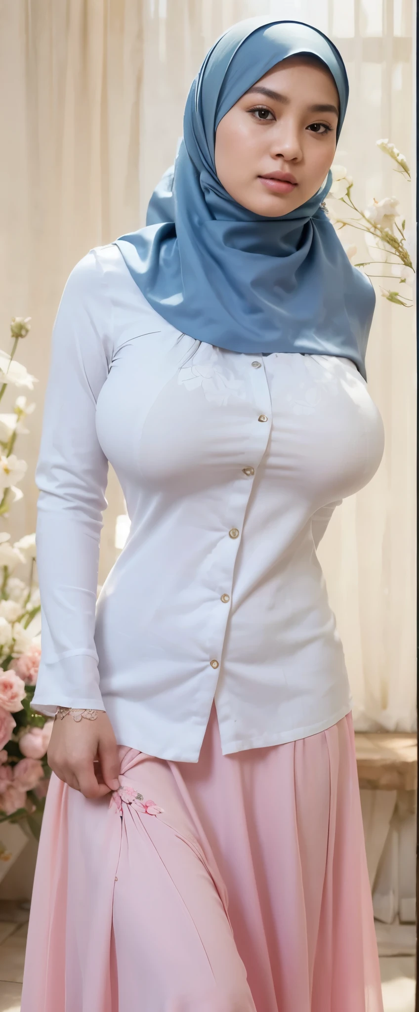 (((holding a brochure show it to viewer))), full body shot of (abbie_cornish:0.6) indonesian girl wearing a casual shirt, casual dress, long skirt, in a rustic village,face incredibly detailed, lips, realistic skin, solo,medium breasts,skin tight, puffy ,facial, masterpiece,best quality, Intricate, High Detail, dramatic, front view, wide view,RAW, Best quality, high resolution, masterpiece: 1.3), beautiful Indonesian woman in hijab, Masterpiece, perfect fit body, big breast,big gorgeous eyes, Soft smile,beutiful face,thick thighs, woman in a black and white floral dress standing in front of a green door, modest flowing gown, beautiful soft silky dress, beautiful silky dress, beautiful detailed dress, stylish dress, swirly flower dress, wearing a long flowery dress, full covered dress, delicate patterned, long dress female, frock, flowery dress, baroque dress, lady with glowing flowers dress , (Delicate turtleneck) , shairband, afternoon walk, City garden, Excellent lighting, Bright colors, Clean lines,