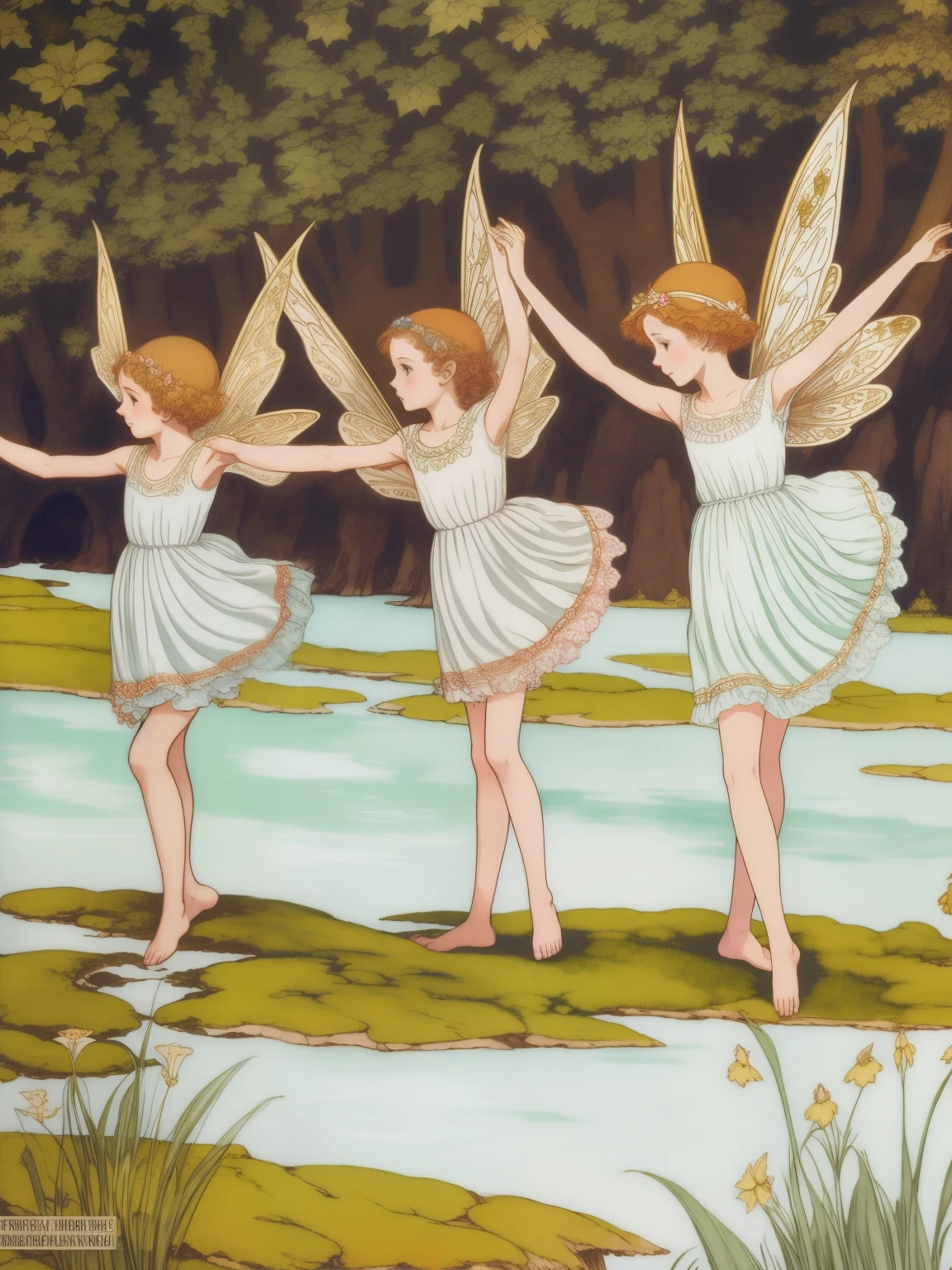 three fairy girls in white dresses are standing on a log, by Ida Rentoul Outhwaite, inspired by Ida Rentoul Outhwaite, fairy dancing, fairies, by Clara Weaver Parrish, by Edmund Dulac, may gibbs, faeries, beautiful fairies, by Walter Crane, small fairies, angels in white gauze dresses, fairies have wings