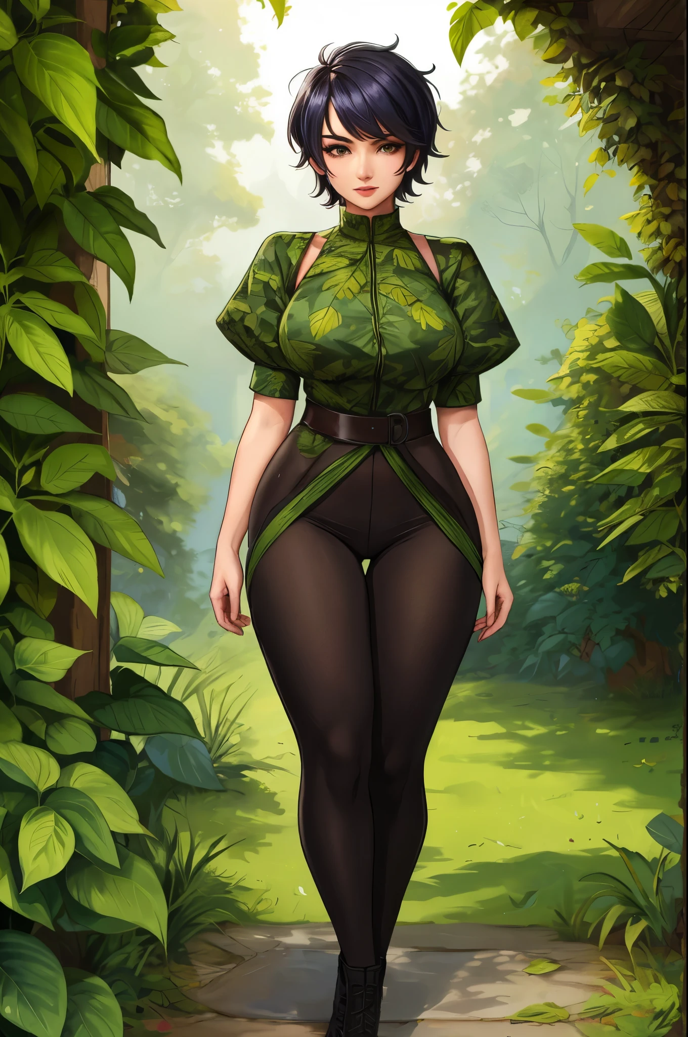 highres,girl,gorgeous tomboy duidess,leaf clothes,leaves in hair,detailed eyes,detailed lips,strong pose,natural lighting,vibrant colors,forest background,soft and warm tones,portrait style,fine brushstrokes,photorealistic