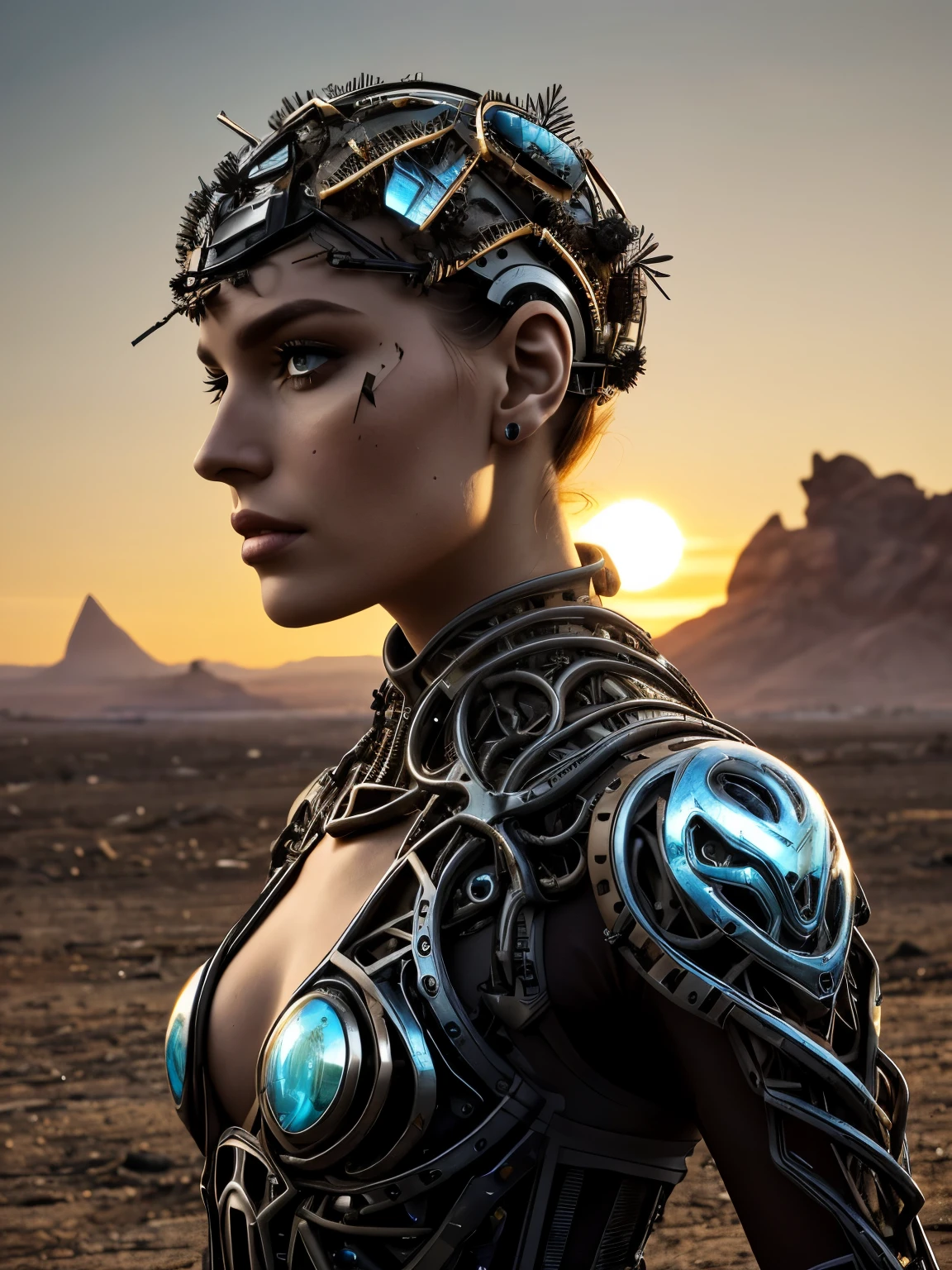In the desolate lands of Yule Heaven, a gorgeous botanical cyborg stands amidst dried and withered nature. Her biomechanical automata body, a blend of android and bokah diadem technology, is damaged and weathered, with cracked glass and scratched screens adorning her intricate mechanical details. The sun sets behind her, casting a surreal and blurred environment in the background, as she examines the damaged lands with a determined expression.
Her head, a cracked and damaged dome, reveals glimpses of circuits and wires beneath, yet her shiny, biomechanical eyes gleam with a fierce intelligence. The once vibrant and intricately detailed