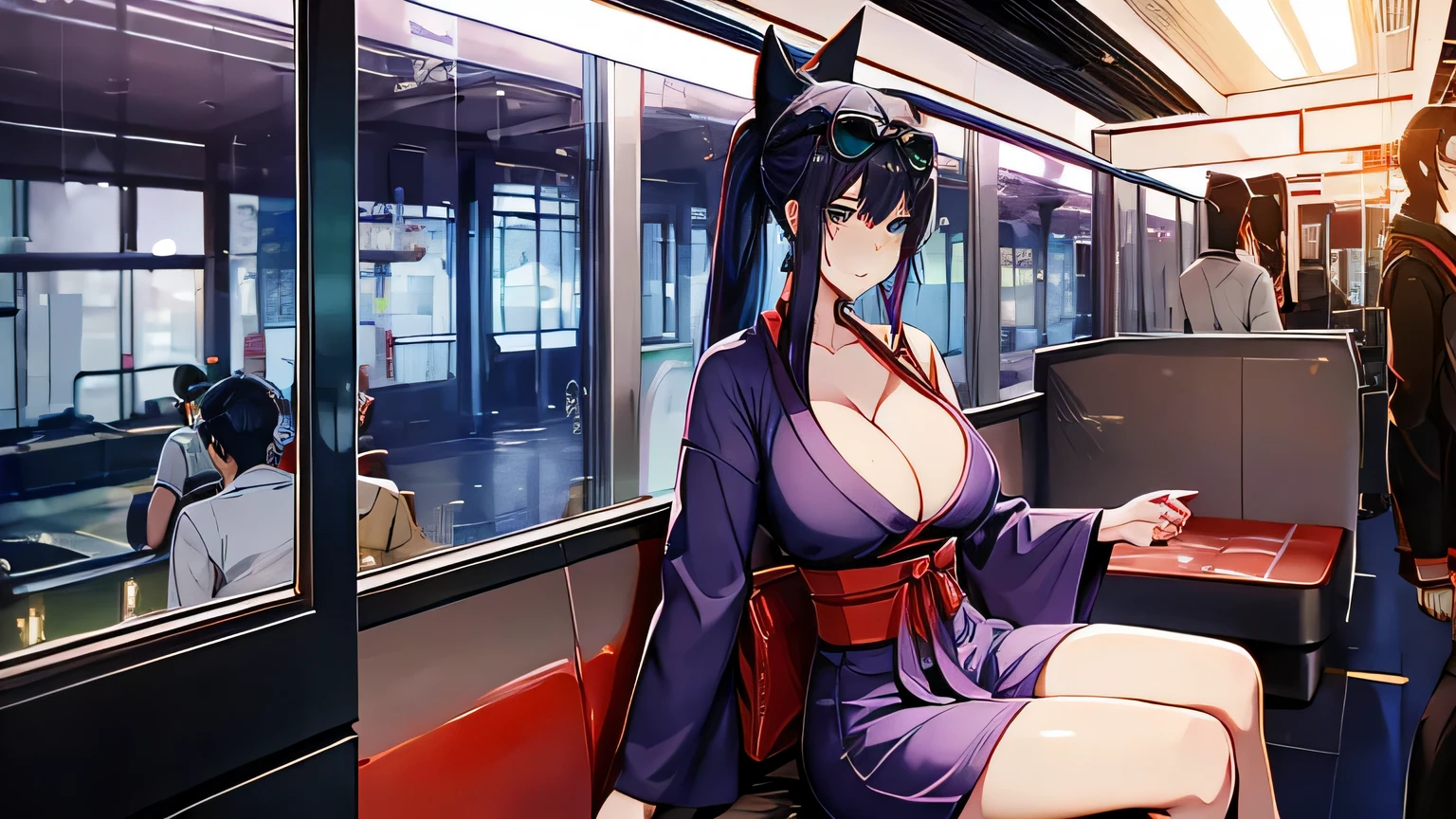 1 girl , alone ,Taisho Modern、big cleavage、headphone , greenish black hair、ponytail、fox ears、Brightly colored eyes、blue eyes、sunglasses、Dark purple kimono、red hair ornament、light purple long hakama、leather boots、 Pink haori、headphones around the neck、sunglasses、flashy necklace、sexy、charm、Wet、face turns red , Inside the train、sitting、Cyberpunk at night seen from the window