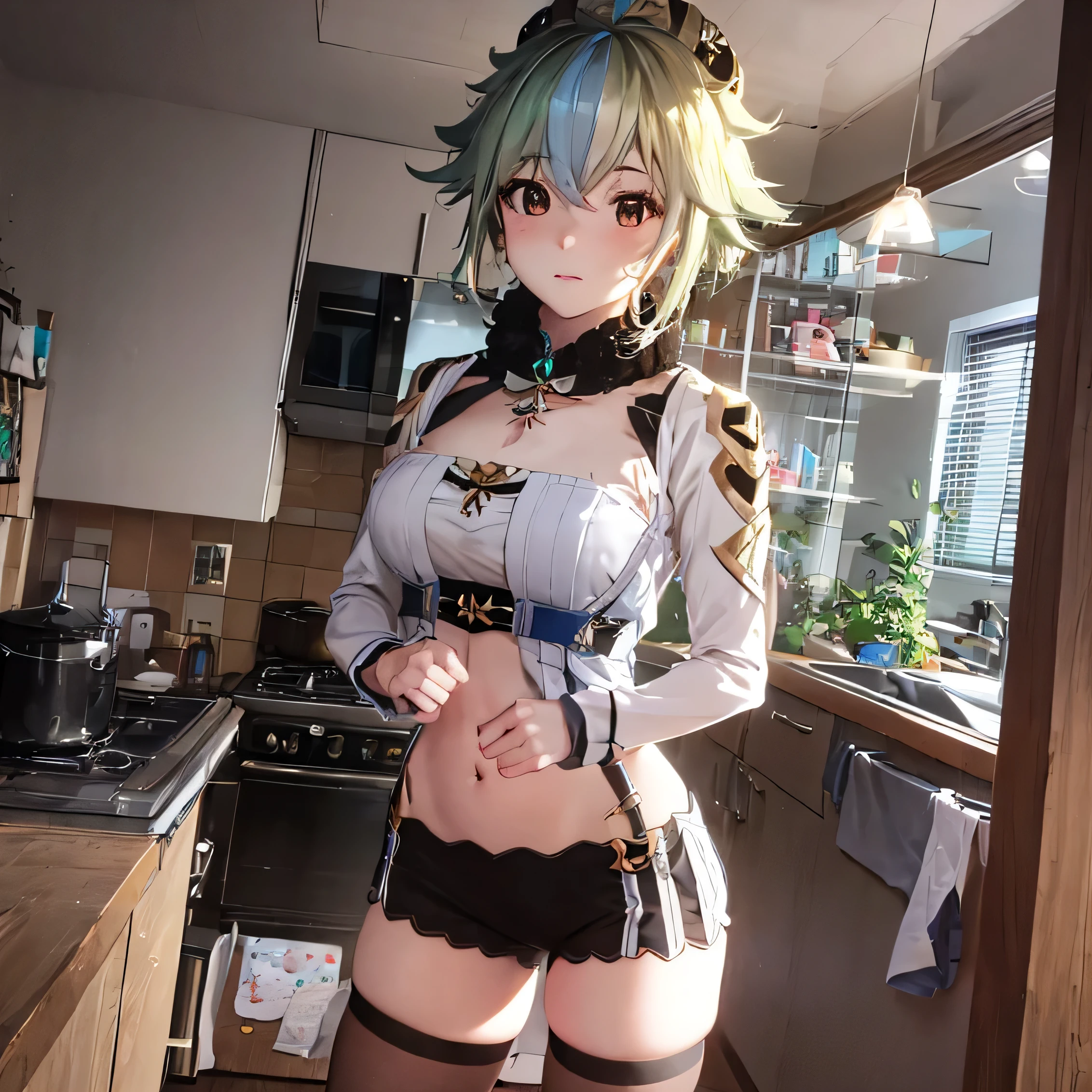 Chica anime con falda corta posando en la cocina., chica anime seductora, kantai collection style, chica anime atractiva, render fotorrealista de chica anime, biomechanical oppai, estilo anime realista 3d, female protagonist 👀 :8, makoto shinka, mejor fondo de pantalla de anime 4k konachan, estilo animado. 8K, chica anime en la vida real