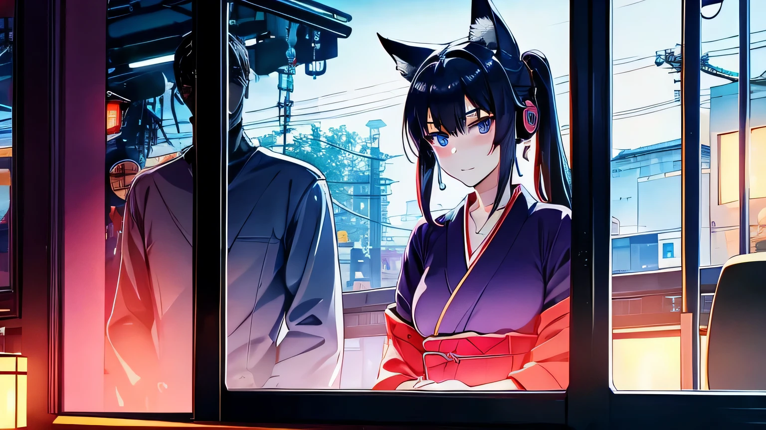 1 girl , alone ,Taisho Modern、big cleavage、headphone , greenish black hair、ponytail、fox ears、Brightly colored eyes、blue eyes、sunglasses、Dark purple kimono、red hair ornament、light purple long hakama、leather boots、 Pink haori、headphones around the neck、sunglasses、flashy necklace、sexy、charm、Wet、face turns red , Inside the train、sitting、Cyberpunk at night seen from the window