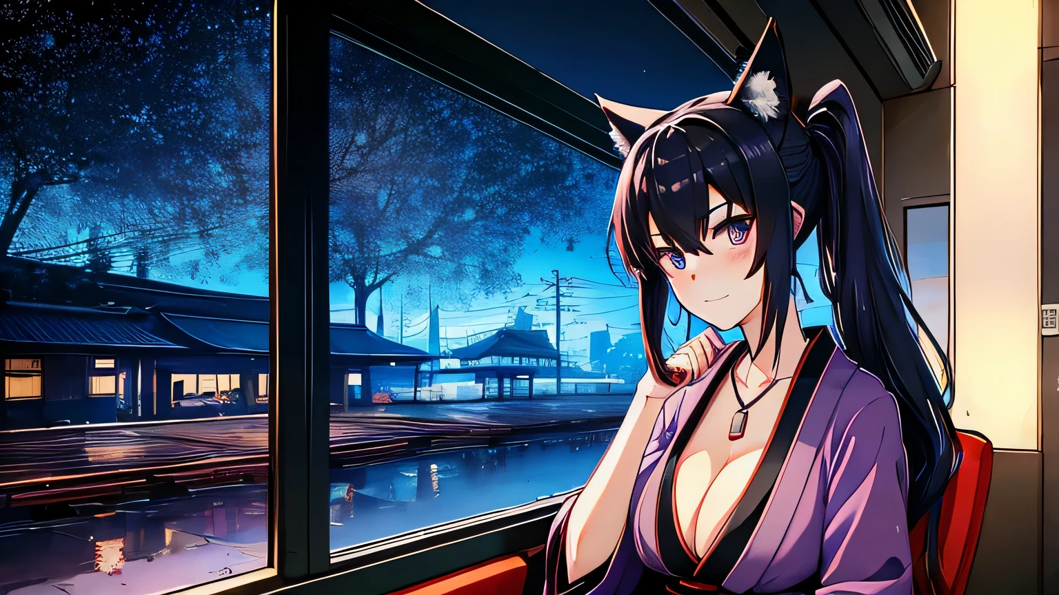 1 girl , alone ,Taisho Modern、big cleavage、headphone , greenish black hair、ponytail、fox ears、Brightly colored eyes、blue eyes、sunglasses、Dark purple kimono、red hair ornament、Light purple cherry blossom pattern long hakama、leather boots、 Pink haori、headphones around the neck、sunglasses、flashy necklace、sexy、charm、Wet、face turns red , Inside the train、sitting、Cyberpunk at night seen from the window