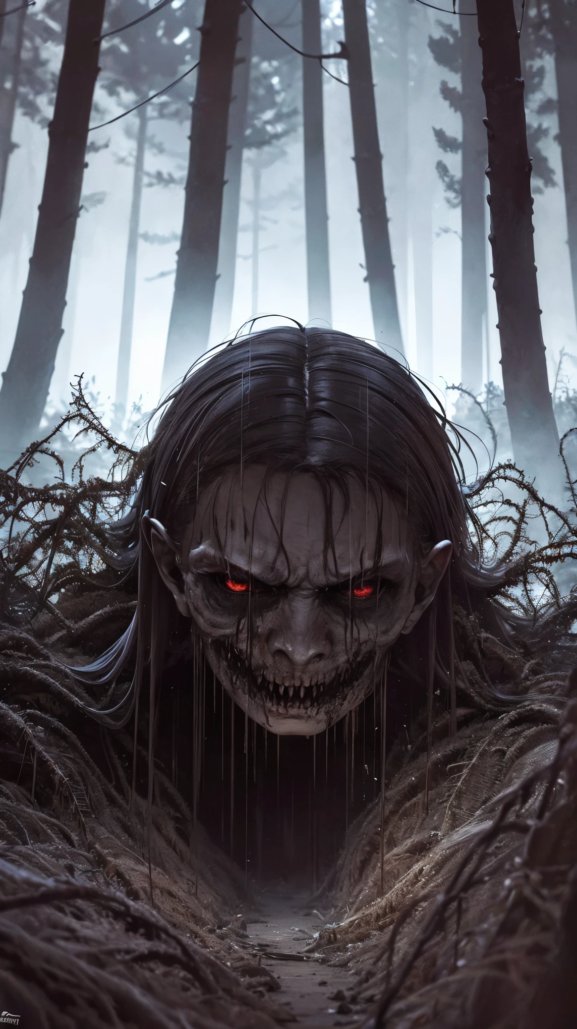 Corrupt Zombies、Lush vegetation、Fractal Art、Super detailed、8K、Photorealistic、Cinematic lighting、Dramatic Shadows、Dark and gloomy atmosphere、Earth Colors、Bright colors、Complex organic texture、Twisted, gnarled roots、dense foliage、Cracked rotting flesh、Creepy look、rotten teeth、Sunken eyes、Tattered clothes、Dramatic Pose、Dynamic configuration