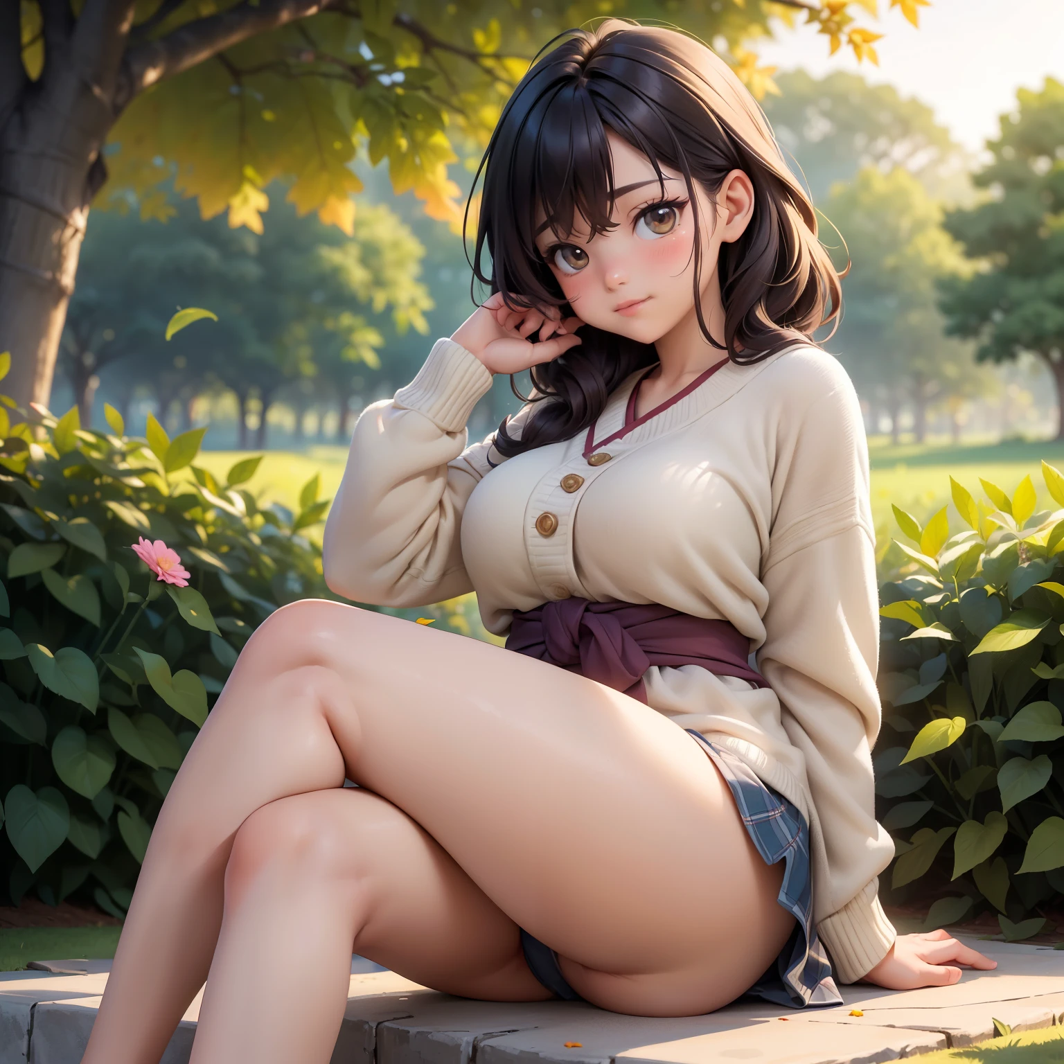 ((Fat Korean student)), ((sitting alone in a park, at sunset)). ((Full and welcoming body: 1.6)), ((Full and welcoming breasts: 1.7)), ((Sturdy and comfortable legs: 1.6)), ((Wide and cozy waist: 1.7)), ((Generous and cozy hip: 1.8)), ((Quiet and contemplative expression: 1.5)), ((Relaxed and calm posture: 1.4)), ((Serene and golden sunset scenery in the park: 1.7)), ((Wearing comfortable, colorful clothes: 1.5)), ((Dark, shiny hair: 1.4)), ((Soft breeze rustling the leaves of the trees: 1.6)), ((Smell of flowers in the air: 1.5)), ((Distant sound of birds chirping: 1.4)), ((Comforting warmth of the last rays of sunlight: 1.6)) Imagining the fat Korean student, sitting alone in a park, enjoying the sunset. Her body is full and welcoming, with full and welcoming breasts, robust and comfortable legs, a wide and cozy waist, and generous and welcoming hips. His expression is calm and contemplative, in a relaxed and calm posture. The surrounding scenery is serene and golden, with soft evening light bathing the park. She wears comfortable, colorful clothes, with dark, shiny hair. A gentle breeze ruffles the leaves of the trees, the smell of flowers hangs in the air, birds sing in the distance, and the comforting warmth of the last rays of sunlight warms the environment, creating an atmosphere of peace and tranquility.