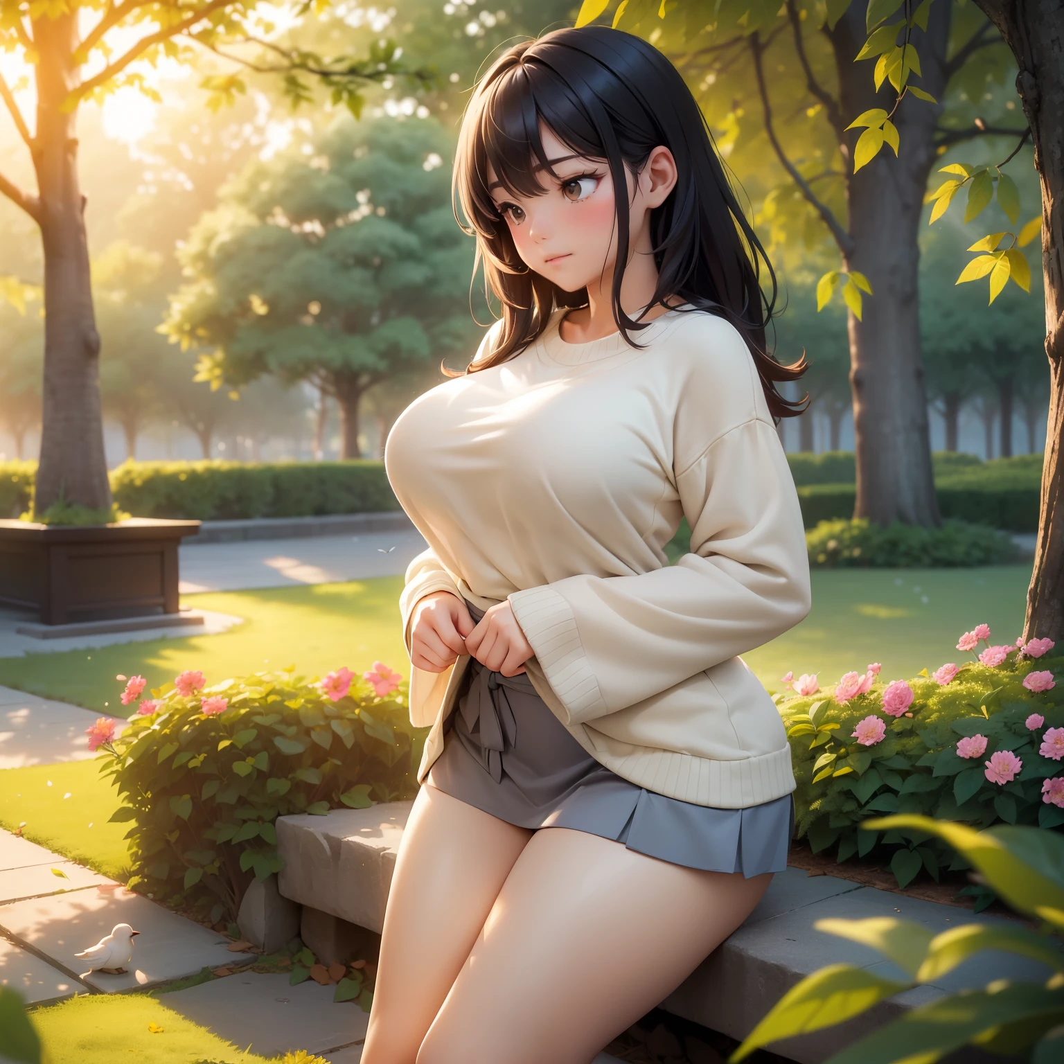 ((Fat Korean student)), ((sitting alone in a park, at sunset)). ((Full and welcoming body: 1.6)), ((Full and welcoming breasts: 1.7)), ((Sturdy and comfortable legs: 1.6)), ((Wide and cozy waist: 1.7)), ((Generous and cozy hip: 1.8)), ((Quiet and contemplative expression: 1.5)), ((Relaxed and calm posture: 1.4)), ((Serene and golden sunset scenery in the park: 1.7)), ((Wearing comfortable, colorful clothes: 1.5)), ((Dark, shiny hair: 1.4)), ((Soft breeze rustling the leaves of the trees: 1.6)), ((Smell of flowers in the air: 1.5)), ((Distant sound of birds chirping: 1.4)), ((Comforting warmth of the last rays of sunlight: 1.6)) Imagining the fat Korean student, sitting alone in a park, enjoying the sunset. Her body is full and welcoming, with full and welcoming breasts, robust and comfortable legs, a wide and cozy waist, and generous and welcoming hips. His expression is calm and contemplative, in a relaxed and calm posture. The surrounding scenery is serene and golden, with soft evening light bathing the park. She wears comfortable, colorful clothes, with dark, shiny hair. A gentle breeze ruffles the leaves of the trees, the smell of flowers hangs in the air, birds sing in the distance, and the comforting warmth of the last rays of sunlight warms the environment, creating an atmosphere of peace and tranquility.