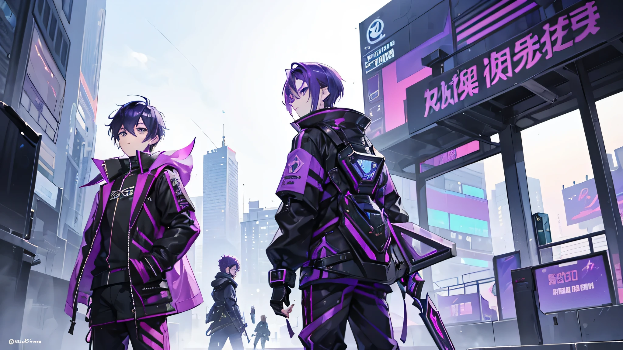 dois rapazes (Macho) 18 anos, Segurando um "vandal cronovoid" (arma de jogo: avaliando) com cabelo gradiente roxo, fashionable, com cabelo curto e estilo techwear. both being tough kids. os dois em um ambiente de cidade japonesa