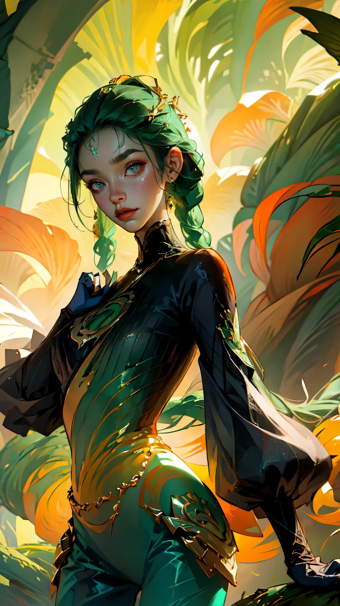 The tall girl puts her hand in front of her and nods to the side, combat pose, BREAK, (Dark background, Bamboo forest), (Slim_thights:1.3), ((big breastes)), Slender_thights, aqua hair, 1girl, solo, (Miniature body:1.4), generous cleavage, Posing, detailed anatomy, the perfect body, Detailed body, detailized face, Beautiful anatomical eyes. BREAK Kaisa Dragon Lagoon, The BREAK is very detailed, Intricately detailed art, Artstation's Detailed Triadic Color Trend in Unreal Engine 5, 8K resolution, deviantart masterpiece, half naked, detailed face, detailed eyes, detailed hands