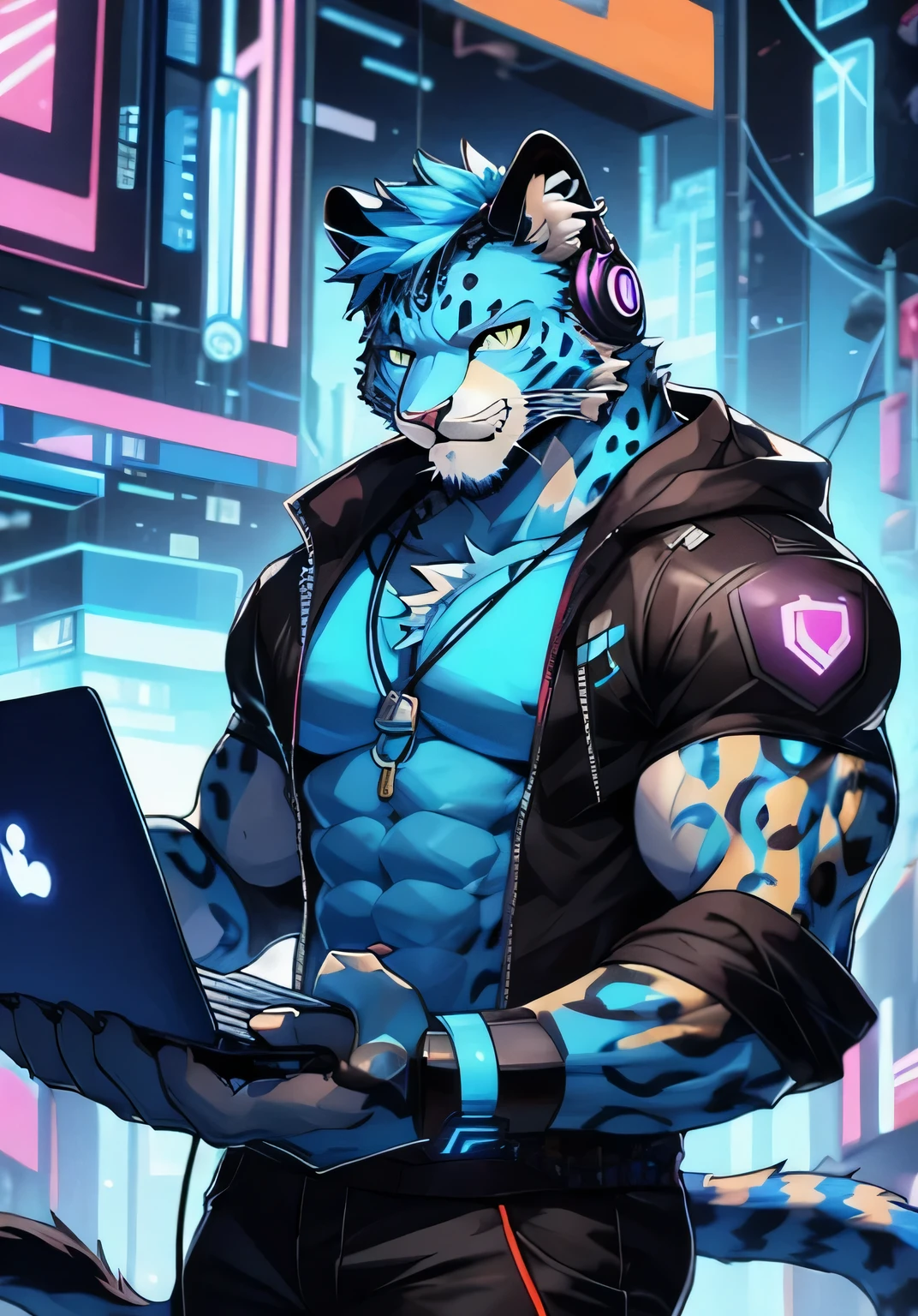 Blue Panther，There is a Cat holding a laptop and headphones, cyber Cat, muscular! cyberpunk, Cat, Humanoid cheetah, Cat, hairy chest, 小Cat, Internet style, High resolution