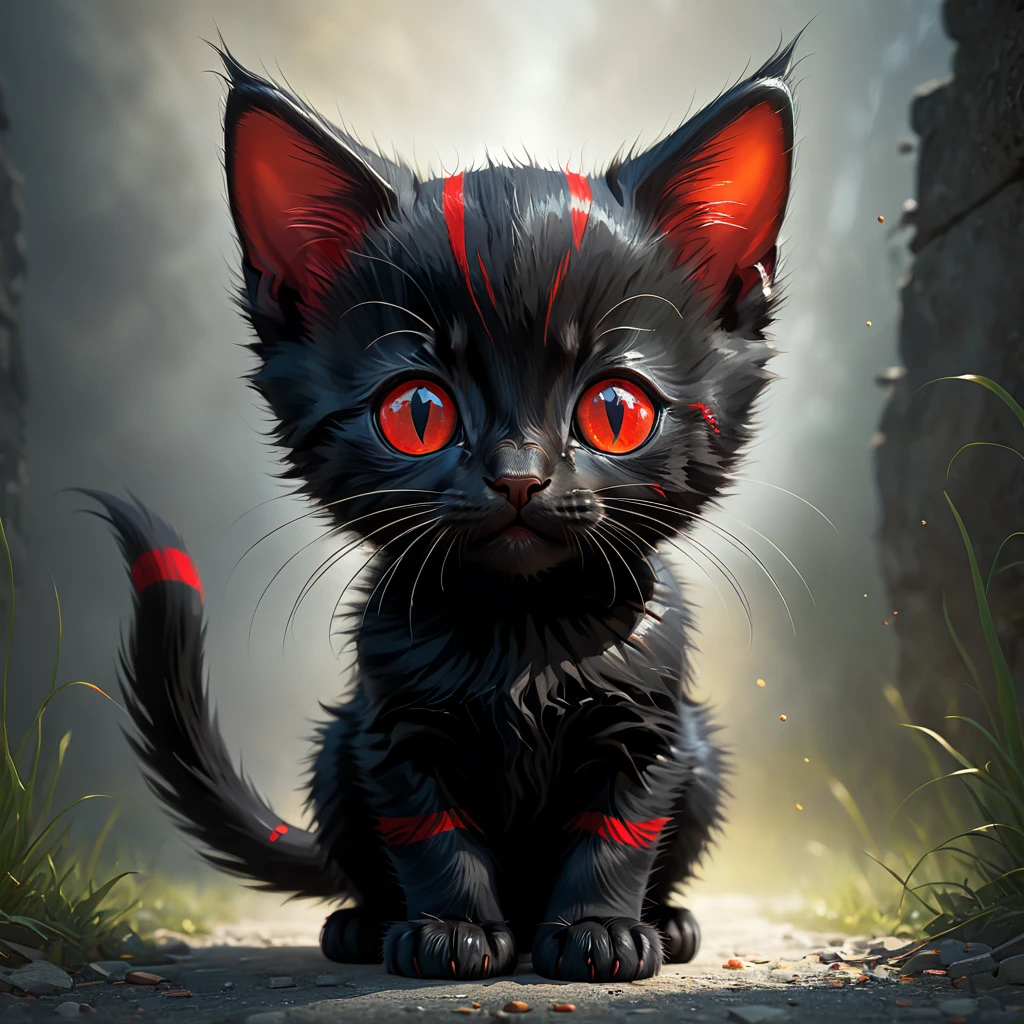 black kitten with red whiskers face stripes and leg stripes in Michal Karcz art style
