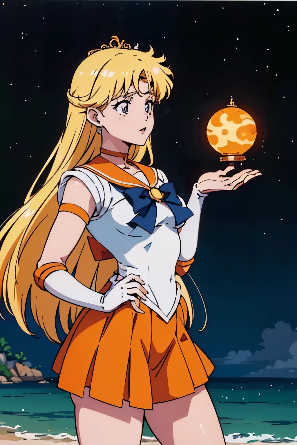 obra de arte, Melhor qualidade, high resolution, Venus1, 1 garota, Sozinho, Uniforme de marinheiro Senshi, Sailor Venus, Aino Minako, Cabelo loiro,  magic, olhos azuis, orange ultra mini saia, luvas na altura do cotovelo, tiara, saia plissada , arco de cabelo, colar marinheiro laranja, ultra mini saia, gargantilha, Red loop, orange gargantilha, luvas brancas, cabelo muito comprido, joia, brincos, standing.