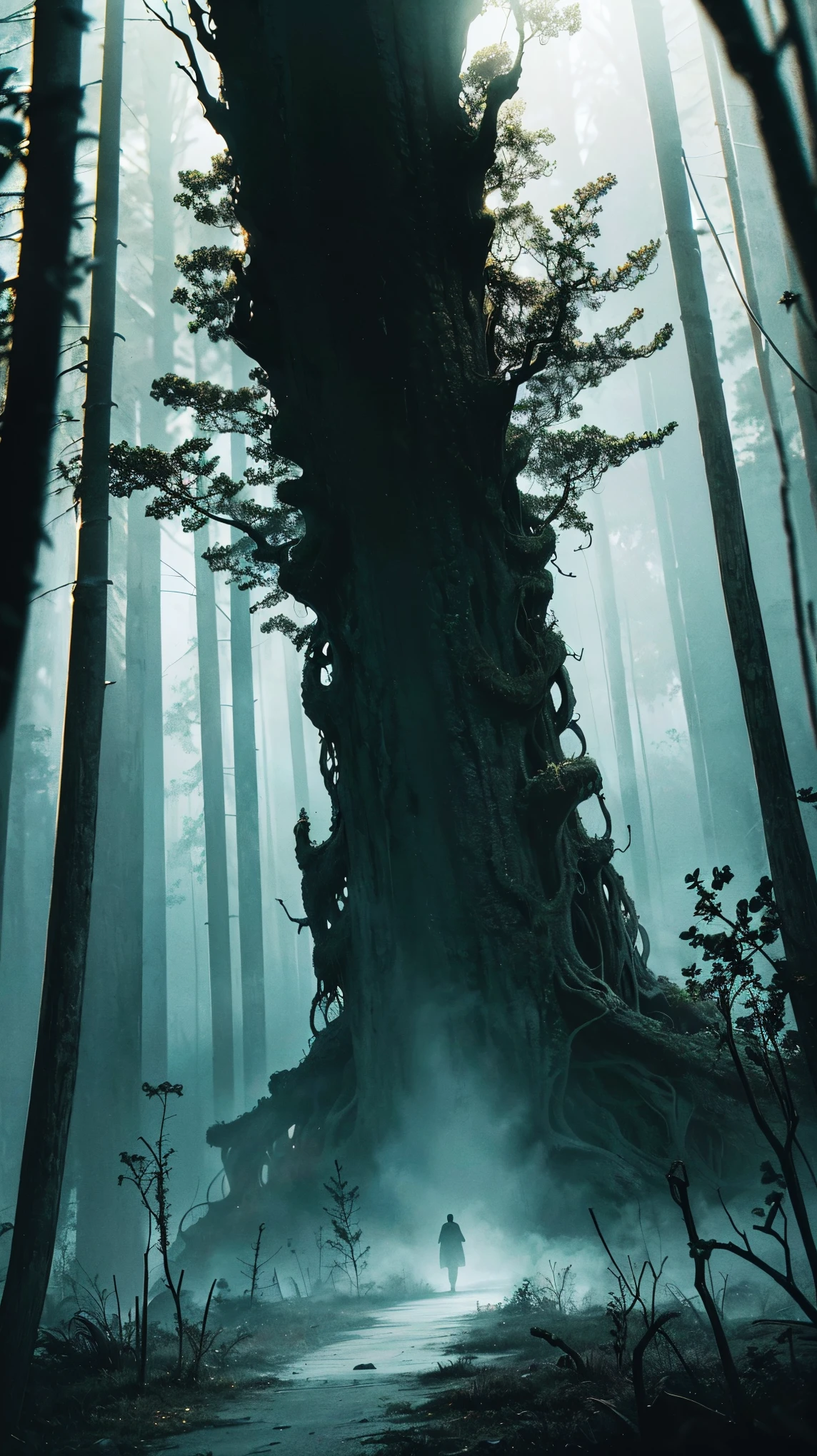 (best quality,4k,8k,highres,masterpiece:1.2),ultra-detailed,(realistic,photorealistic,photo-realistic:1.37),spooky forest,giant spider,twisted trees,dark atmosphere,eerie lighting,menacing presence,thick and sticky fluid,ominous vibes,dread-filled scenery,detailed spider web,creepy crawlies,horrifying spectacle,fractal patterns,nightmare-inducing,unsettling surroundings,horror movie setting,dreadful ambiance,vivid colors,sharp focus