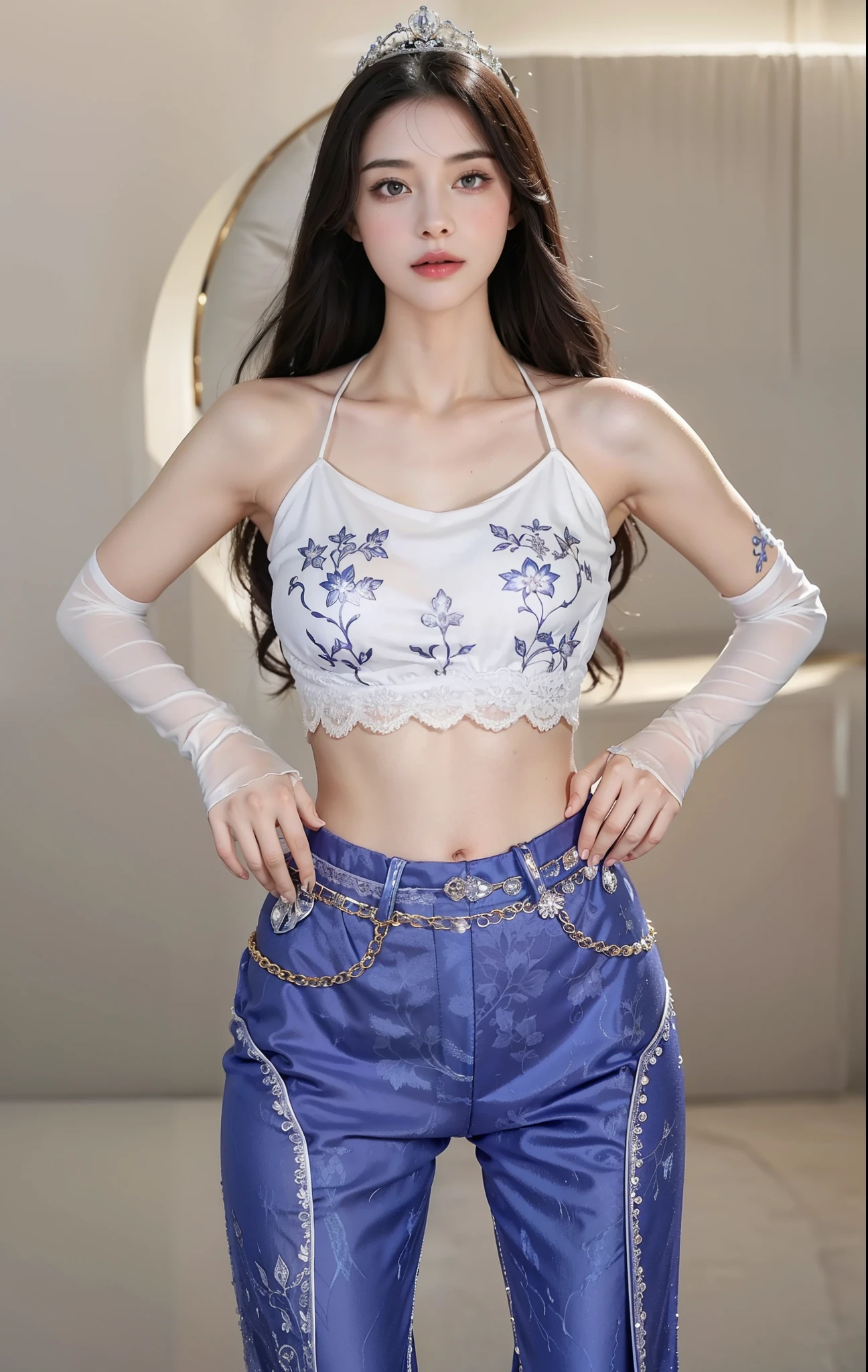 Royal sister，exquisite eyes，Detailed  expressions body，tall figure，Leg length，4K，HD，translucent lace，Fair and plump figure，pretty face，Little cherry mouth，beautiful and delicious（3D royal sister），exquisite dress，Wear crystal jewelry，Gorgeous crystal gems，Gem and jewelry crown，The color of the picture is very bright，Gorgeous ice and snow princess，five fingers，Very gorgeous and noble dress，Photo quality，High-end aesthetics，Ornate decoration，neat fingers，Wear white gloves，Printed lace over-the-knee socks，There are tattoos on the arms，neat fingers