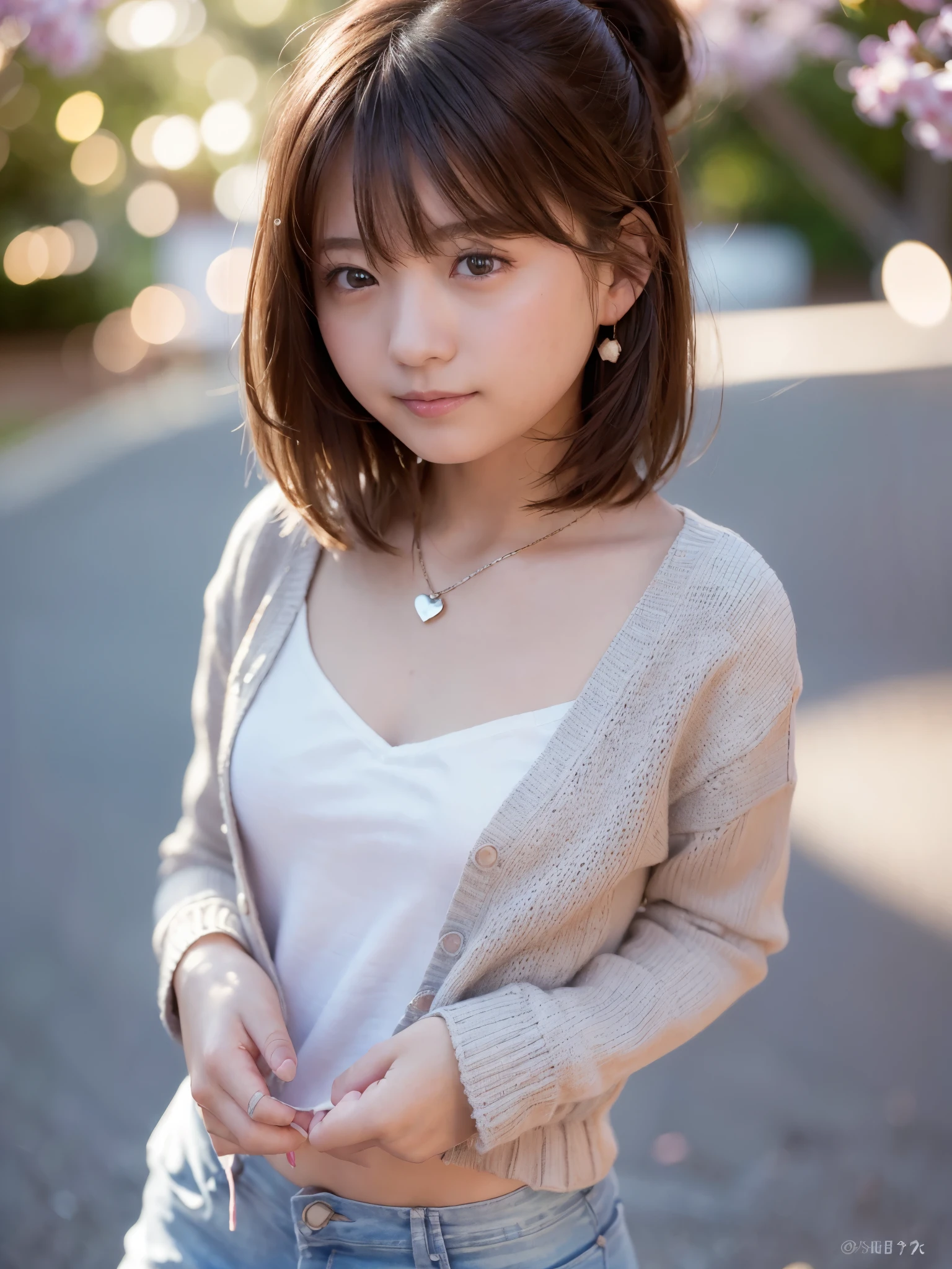 ((medium breast, tomboy girls, small head)), daylight, sunlight, (chiseled abs : 1.1), (perfect body : 1.1), (short wavy hair : 1.2) , auburn hair, collar, chain, full body shot, crowded street, wearing black tanktop, jeans jacket, ((shorts)), (extremely detailed CG 8k wallpaper), (an extremely delicate and beautiful), (masterpiece), (best quality:1.0), (ultra highres:1.0),  beautiful lighting ,perfect lightning, realistic shadows, [highres], detailed skin, ultra-detailed、Laughter、 girl、Kanzakura tree-lined avenue、lots of cherry blossoms、Spring-like clothes、(In 4K, best quality, High resolution:1.1), (Reality, photorealistic:1), (cute type:1.8), solo,  detailed eyes, brown eyes, innocent eyes, blush, supreme masterpiece, beautiful lights, movie lights, movie particles, Jewelry is, heart shaped earrings, bangs, cherry lips, look at the audience, ponytail, side ponytail, Depth of the bounds written, background blur, eye focus, 85mm lens, Breasts F/1.4, professional lighting, photon mapping, radio city, Physically based rendering, high detail, muste piece,Laughter、lots of cherry blossoms、put on a cardigan
