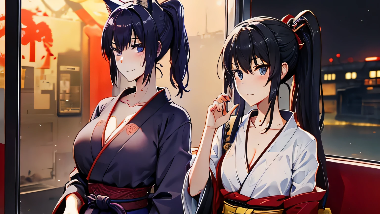 1 girl , alone ,Taisho Modern、big cleavage、headphone , greenish black hair、ponytail、fox ears、Brightly colored eyes、blue eyes、sunglasses、Dark purple kimono、red hair ornament、Light purple cherry blossom pattern long hakama、leather boots、headphones around the neck、sunglasses、flashy necklace、pistol hanging from waist、sexy、charm、Wet、face turns red , Inside the train、sitting、Cyberpunk at night seen from the window