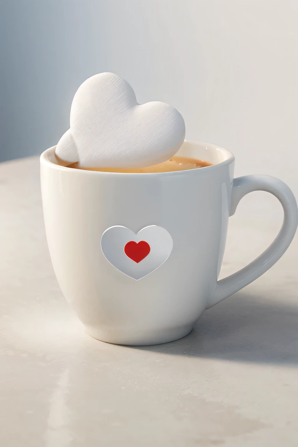 Create a digital design of a white cup with a heart on the front, arte de qualidade