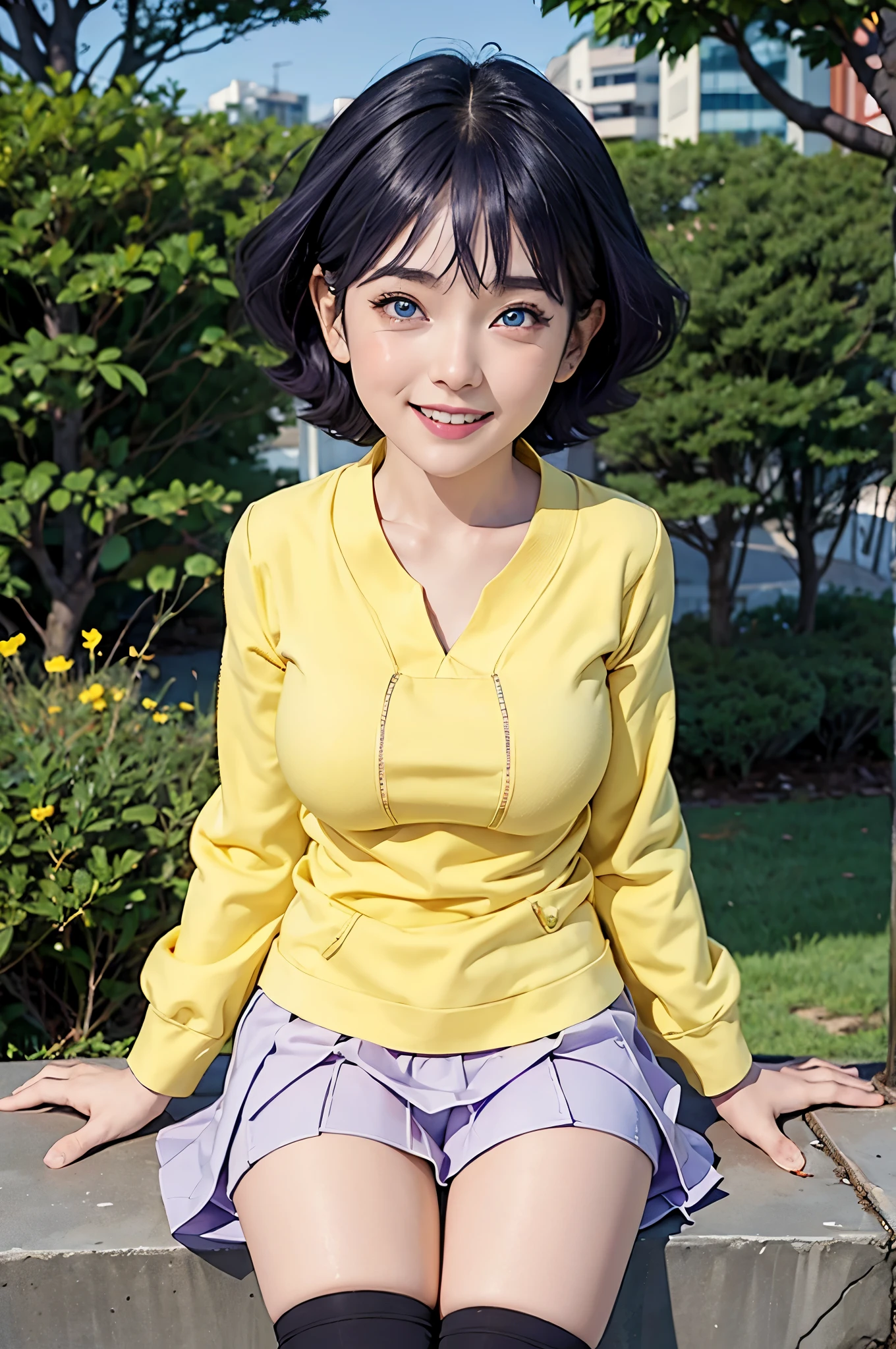 1girl, himawari anime naruto shipudden, short hair , purple hair, blue eyes, beautiful, Very Big Breasts, yellow clothes, smile, realistic clothes, detail clothes, city background, ultra detail, realistic