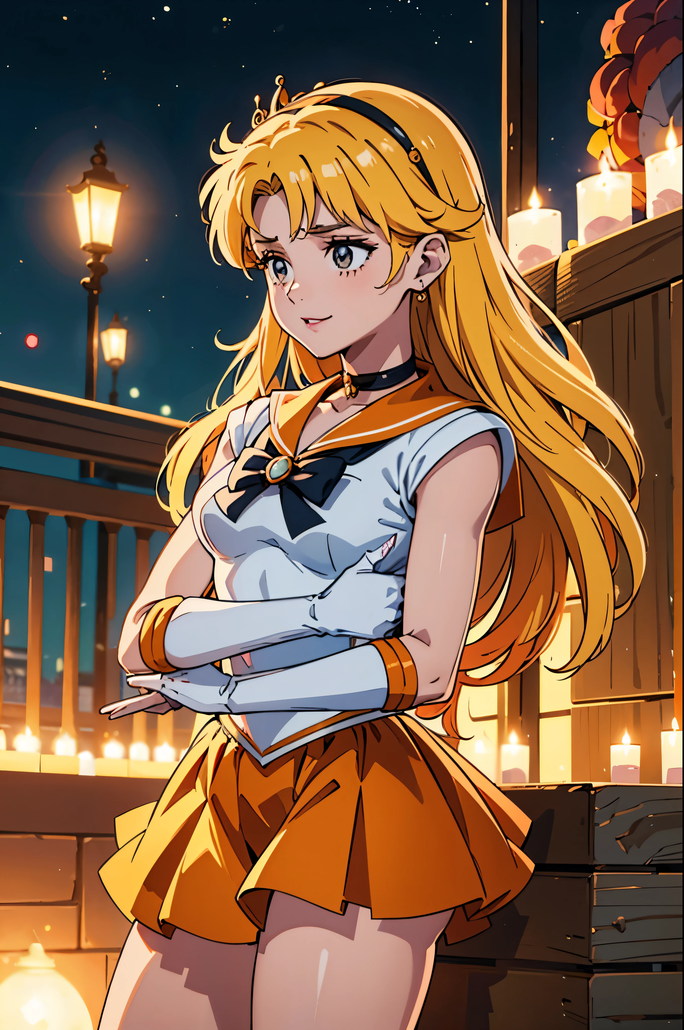 obra de arte, Melhor qualidade, high resolution, Venus1, 1 garota, Sozinho, Uniforme de marinheiro Senshi, Sailor Venus, Aino Minako, Cabelo loiro, Magia, olhos azuis, orange ultra mini saia, luvas na altura do cotovelo, tiara, saia plissada , arco de cabelo, colar marinheiro laranja, ultra mini saia, gargantilha, Red loop, orange gargantilha, luvas brancas, cabelo muito comprido, joia, brincos, standing, sorrindo.