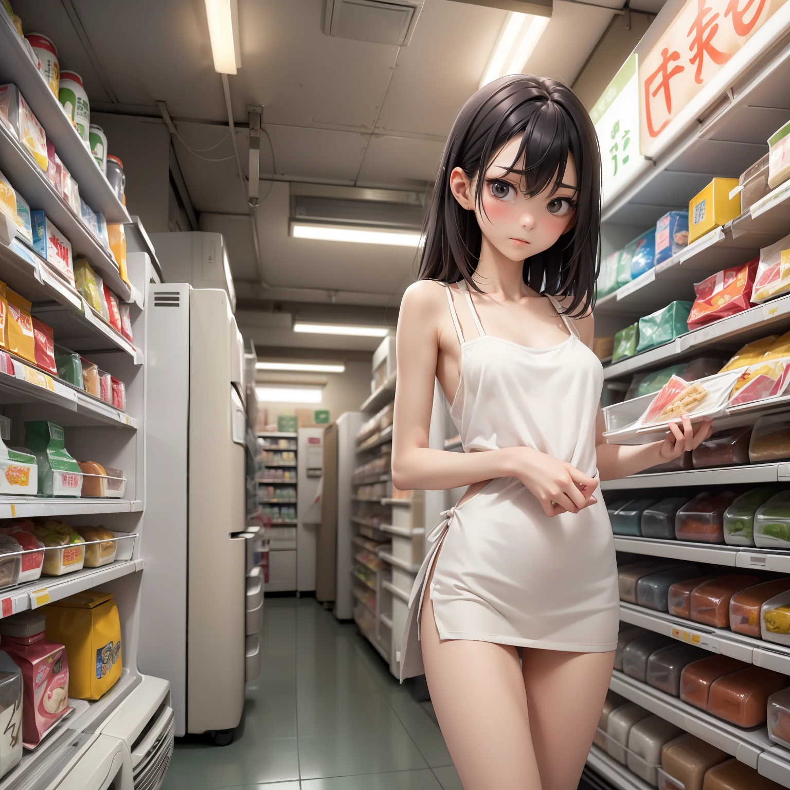 (((one naked girl is standing behind counter))), close up, naked girl  with large breast and nipple and pussy and thigh and short black hair and and blue eye and headband and pink lipstick and wristwatch is in convenience store, crowd of random men wearing shirts and pants in the background,