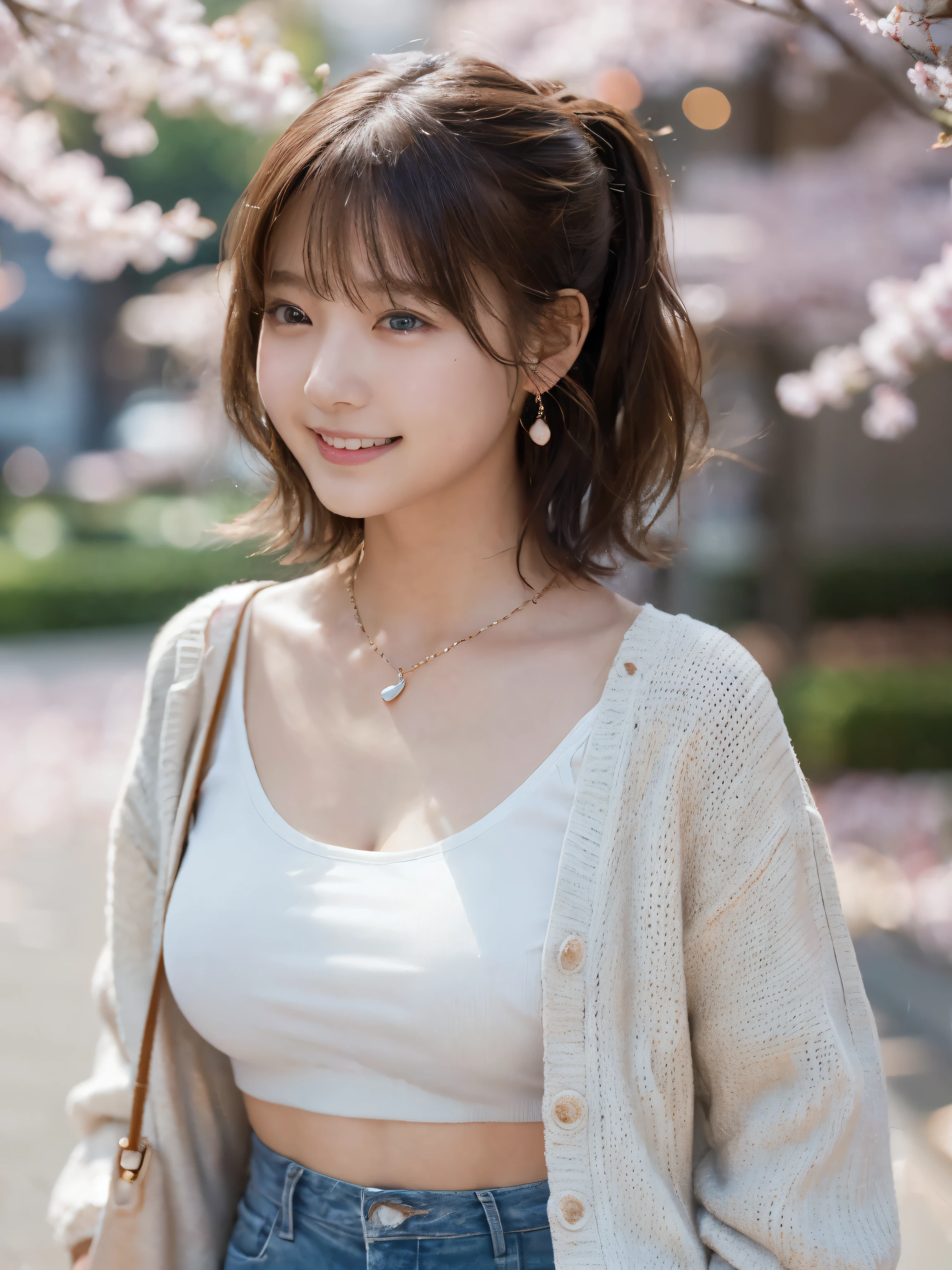 ((Medium chest, tomboy girls, small head)), dawn, sunlight, (chiseled abs : 1.1), (perfect body : 1.1), (wavy short hair : 1.2) , auburn hair, collar, Lock, full body shot, crowded street, Wearing a black tank top, jeans jacket, ((shorts)), (Highly detailed CG 8k wallpaper), (very delicate and beautiful), (masterpiece), (highest quality:1.0), (ultra High resolution:1.0),  beautiful lighting ,perfect lightning, realistic shadow, [High resolution], fine skin, Super detailed、laughter、17 year old girl、Cold cherry blossom trees、Lots of cherry blossoms、spring-like clothes、(In 4K, highest quality, High resolution:1.1), (reality, realistic:1), (cute type:1.8), alone,  fine eyes, brown eyes, innocent eyes, blush, supreme masterpiece, beautiful light, movie lighting, movie particles, Jewelry is, heart shaped earrings, bangs, cherry lips, look at the audience, ponytail, side ponytail, written boundary depth, background blur, focus of the eye, 85mm lens, BreastsF/1.4, professional lighting, photon mapping, radio city, Physically based rendering, high detail, pieces fly,laughter、Lots of cherry blossoms、wear a cardigan、sailor suit
