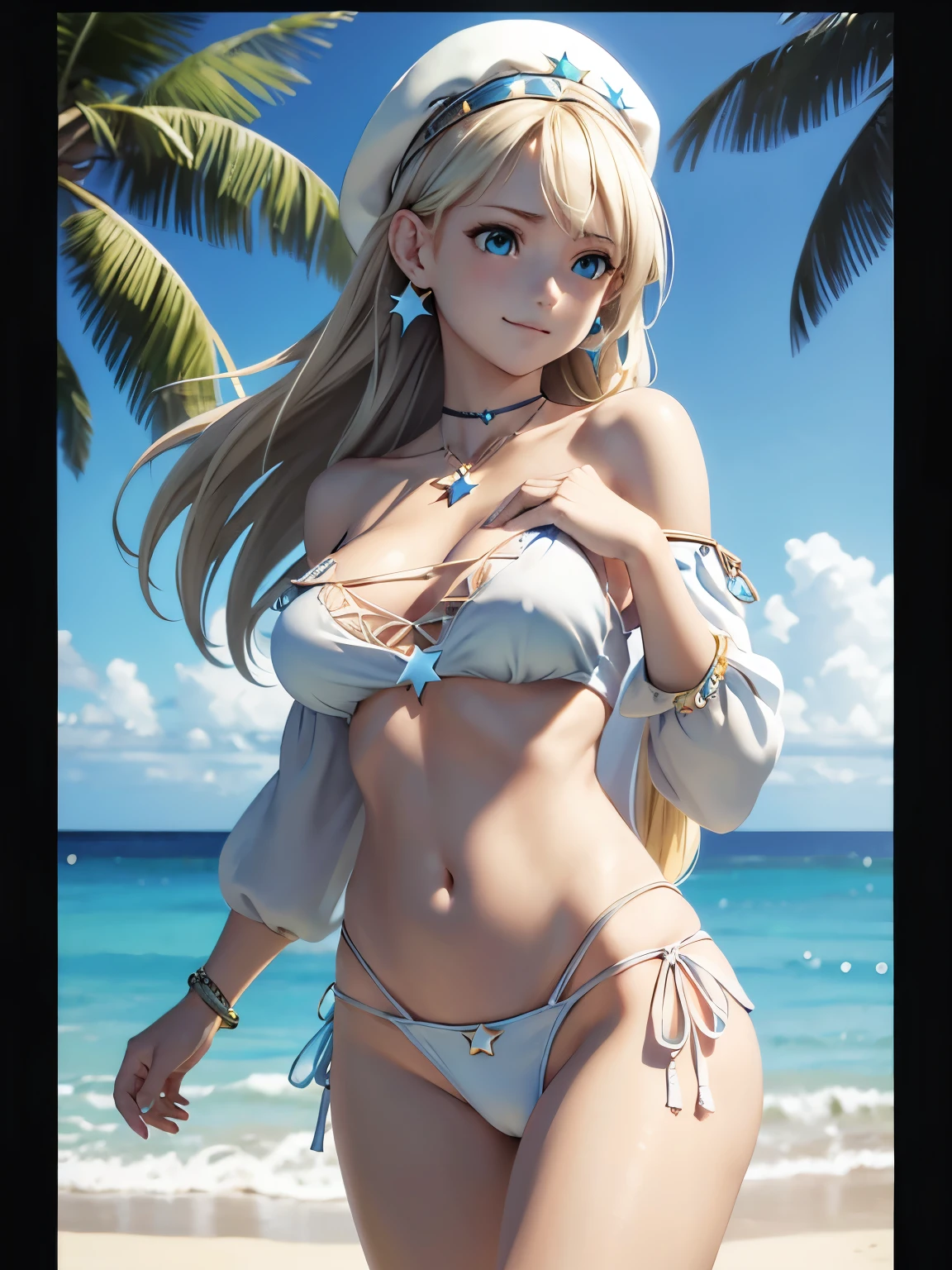 1girl ,other ,bare arms ,bare shoulders ,barefoot ,bikini ,blonde hair ,blue background ,blue bikini ,blue eyes ,border ,bouncing breasts ,breasts ,cleavage ,collarbone ,earrings ,float ,gameboy ,hair over one eye ,hat ,innertube ,jewelry ,large breasts ,long hair ,looking at viewer ,navel ,off-shoulder bikini ,off shoulder ,simple background ,smile ,star (symbol) ,star earrings ,sun hat ,swim ring ,swimsuit ,white border