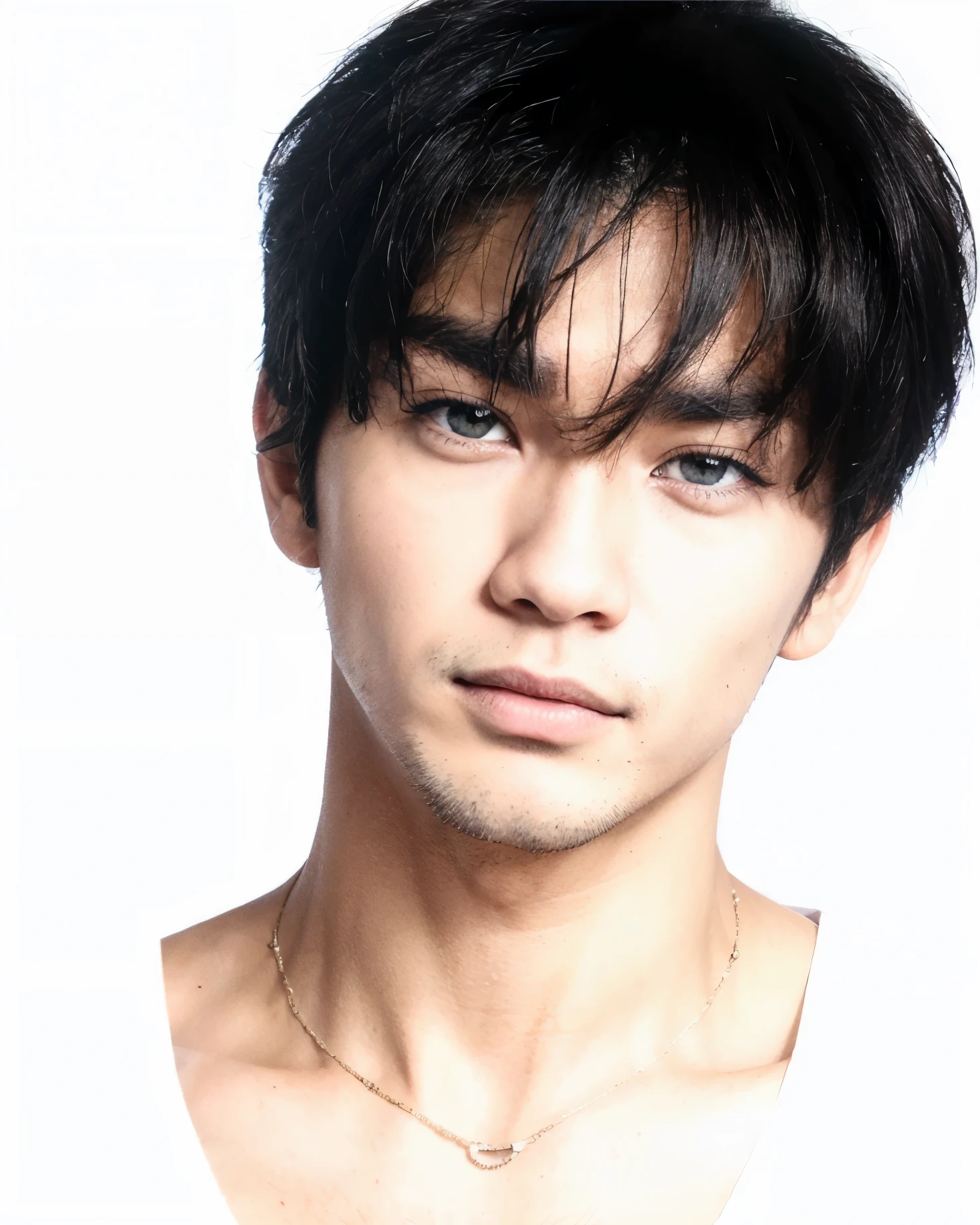 man with asian features, mejor calidad, high resolution, ojos azules, ojos felinos, ojos de cazador, ojos atractivos, hombre atractivo, cabello negro, Hermoso, atractivo, rasgos masculinos, rasgos suaves.