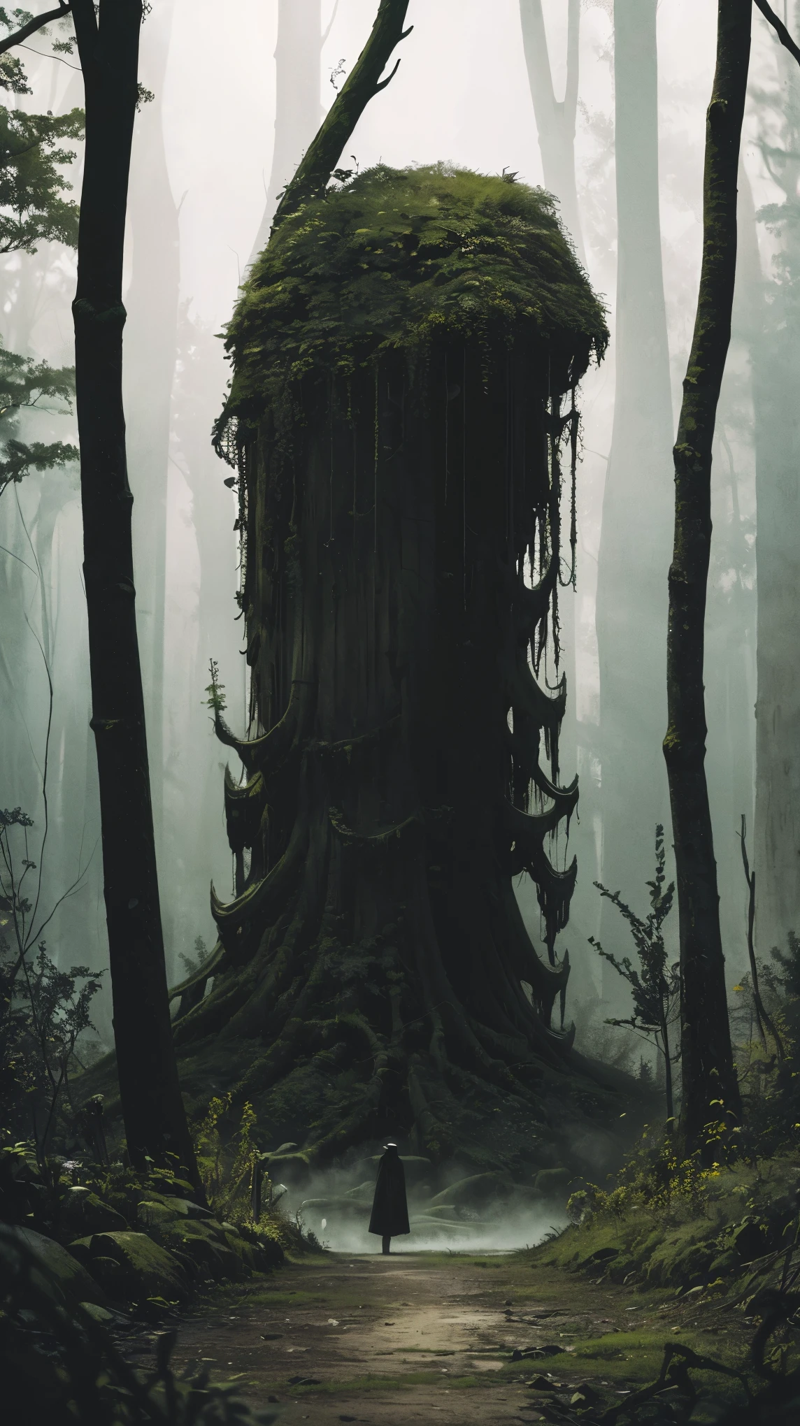 (best quality,4k,8k,highres,masterpiece:1.2),ultra-detailed,(realistic,photorealistic,photo-realistic:1.37),spooky forest,giant spider,twisted trees,dark atmosphere,eerie lighting,menacing presence,thick and sticky fluid,ominous vibes,dread-filled scenery,detailed spider web,creepy crawlies,horrifying spectacle,fractal patterns,nightmare-inducing,unsettling surroundings,horror movie setting,dreadful ambiance,vivid colors,sharp focus