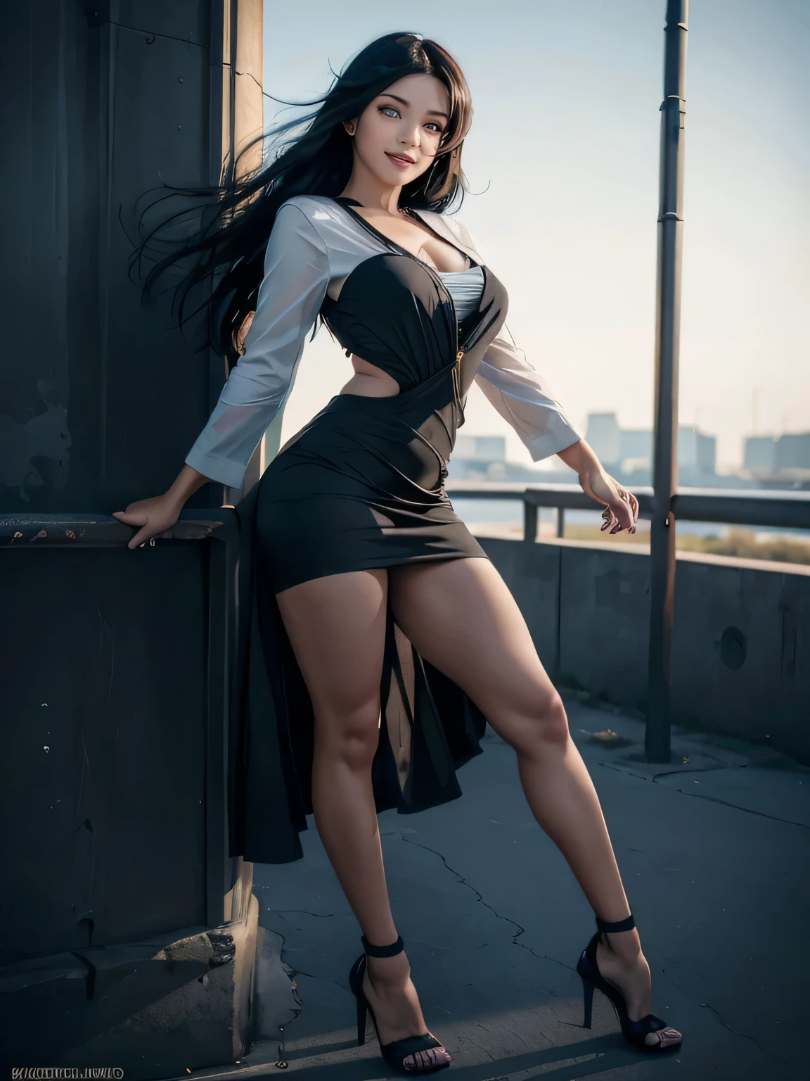 ((masterpiece, high resolution, better quality, better details)), ((anime)),a mature woman, one milf, long hair, blunt straight bangs, black hair, fair skin, full body, big breasts, slim waist, wide hips, fitness body, short skirt, low-cut sleeveless blouse, high platform heels,