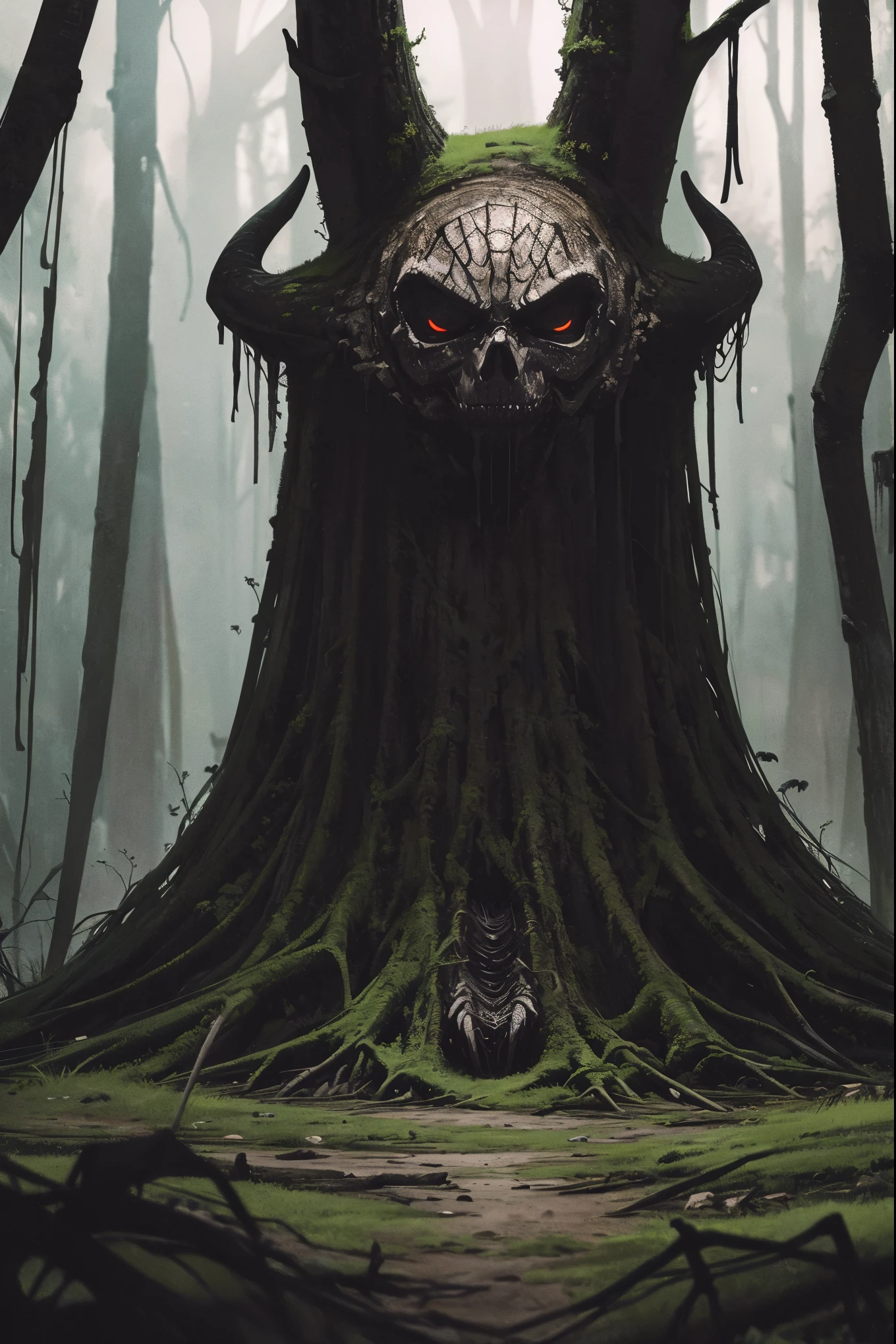 (best quality,4k,8k,highres,masterpiece:1.2),ultra-detailed,(realistic,photorealistic,photo-realistic:1.37),spooky forest,giant spider,twisted trees,dark atmosphere,eerie lighting,menacing presence,thick and sticky fluid,ominous vibes,dread-filled scenery,detailed spider web,creepy crawlies,horrifying spectacle,fractal patterns,nightmare-inducing,unsettling surroundings,horror movie setting,dreadful ambiance,vivid colors,sharp focus