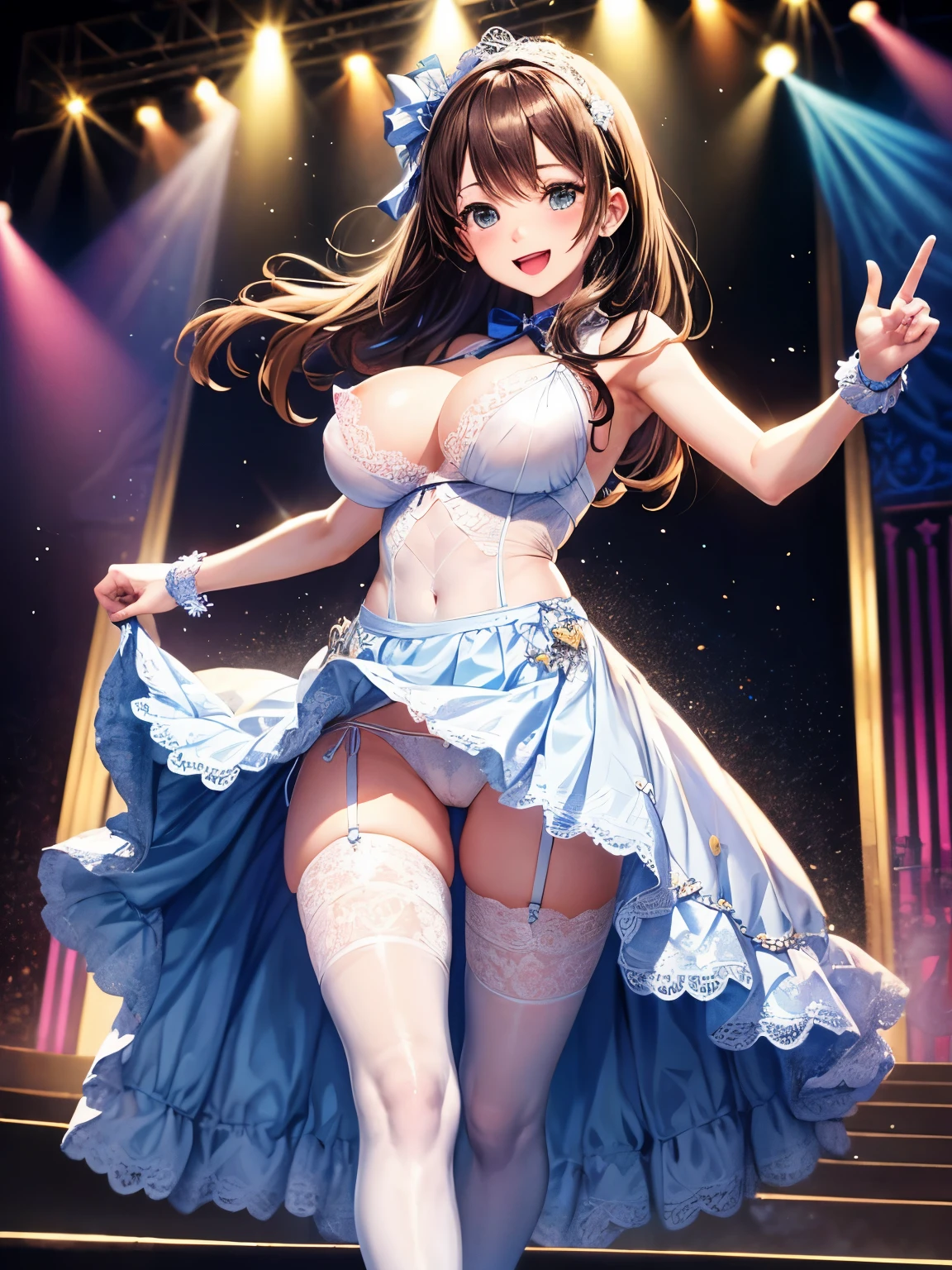 highest quality、All limbs、full finger、Slender beauty、straight hair、brown hair、Delete Blue, white and navy idol costume、high socks、beautiful big breasts、live stage、sing、holding a microphone, dancing、big smile、(white horizontal lace panties:1.1), skirt lift, show off panties, (erect nipples:0.95)
