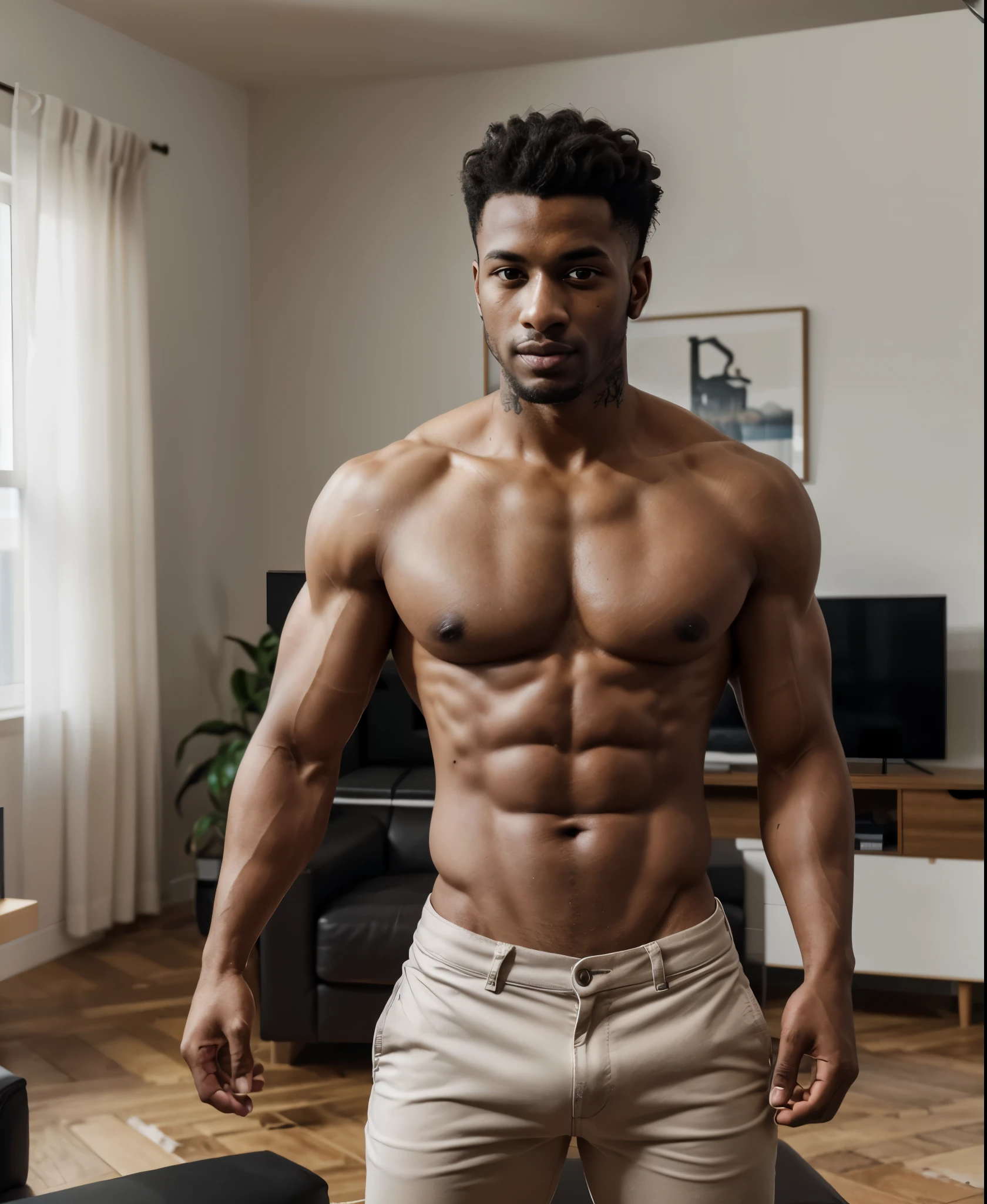 (best quality,4k,highres),black-skinned young man,tattoo on left forearm,short hair,light facial hair,lightly muscular,torso bare,modern living room