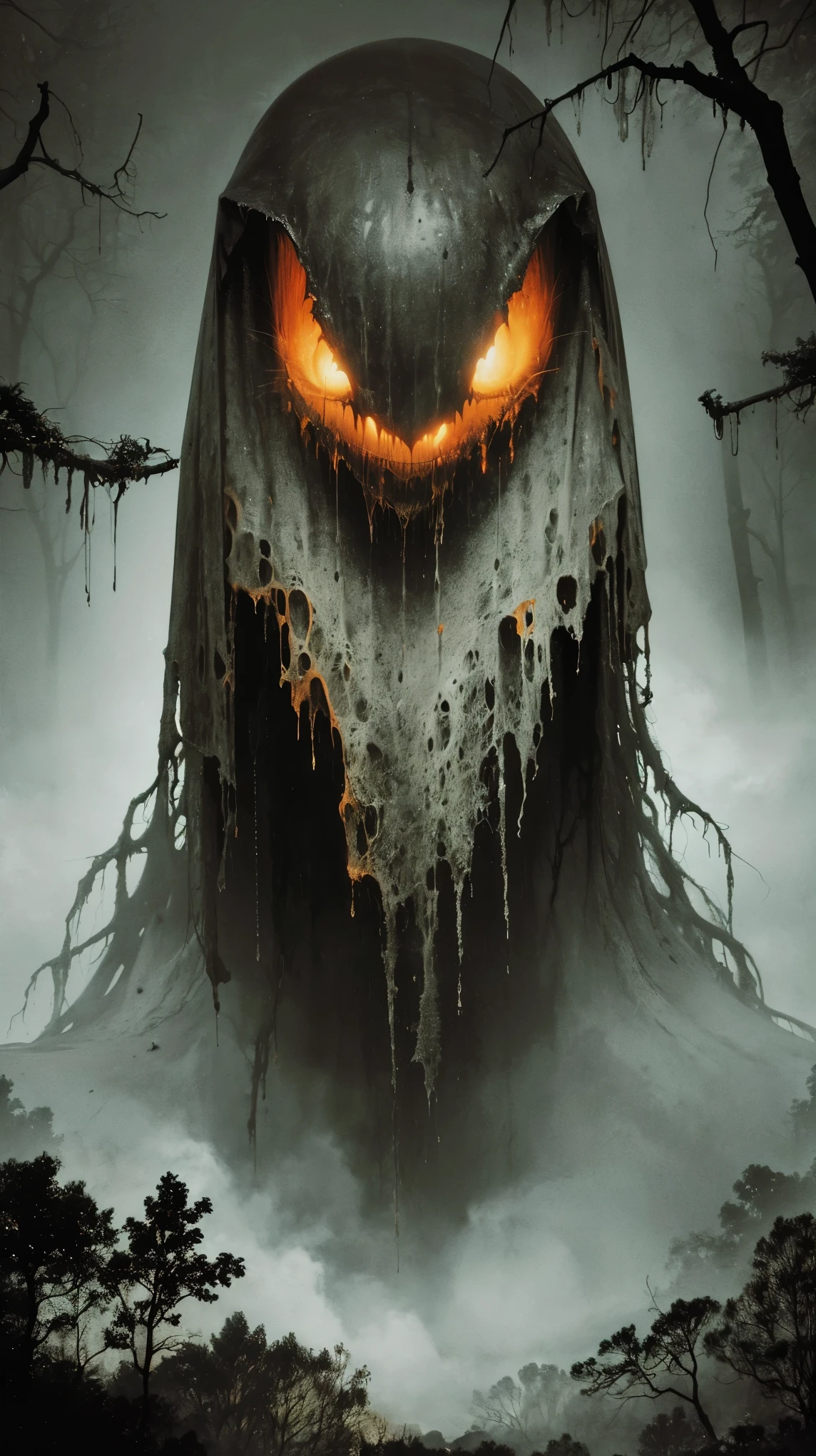 (best quality,4k,8k,highres,masterpiece:1.2),ultra-detailed,(realistic,photorealistic,photo-realistic:1.37),spooky forest,giant spider,twisted trees,dark atmosphere,eerie lighting,menacing presence,thick and sticky fluid,ominous vibes,dread-filled scenery,detailed spider web,creepy crawlies,horrifying spectacle,fractal patterns,nightmare-inducing,unsettling surroundings,horror movie setting,dreadful ambiance,vivid colors,sharp focus
