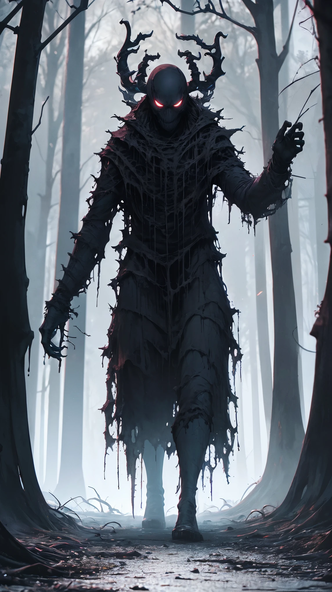 (best quality,4k,8k,highres,masterpiece:1.2),ultra-detailed,(realistic,photorealistic,photo-realistic:1.37),spooky forest,giant spider,twisted trees,dark atmosphere,eerie lighting,menacing presence,thick and sticky fluid,ominous vibes,dread-filled scenery,detailed spider web,creepy crawlies,horrifying spectacle,fractal patterns,nightmare-inducing,unsettling surroundings,horror movie setting,dreadful ambiance,vivid colors,sharp focus