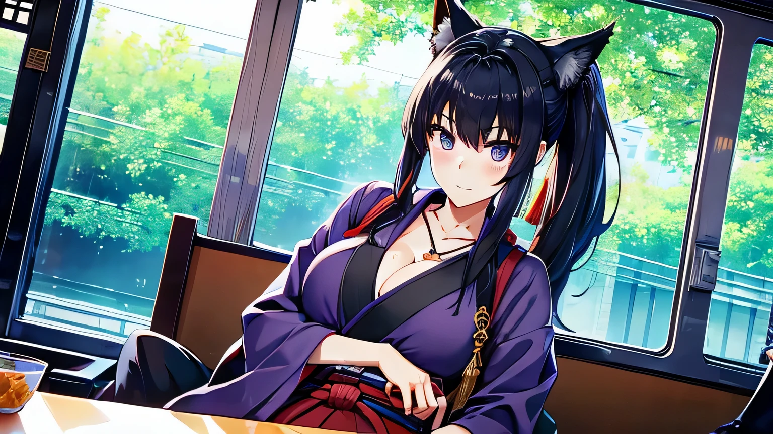 1 girl , alone ,Taisho Modern、big cleavage , greenish black hair、ponytail、fox ears、Brightly colored eyes、blue eyes、sunglasses、Dark purple kimono、red hair ornament、light purple long hakama、leather boots、Headphones around the neck、sunglasses、flashy necklace、pistol hanging from waist、sexy、charm、Wet、face turns red , Inside the train、sitting、Night cityscape seen from the window
