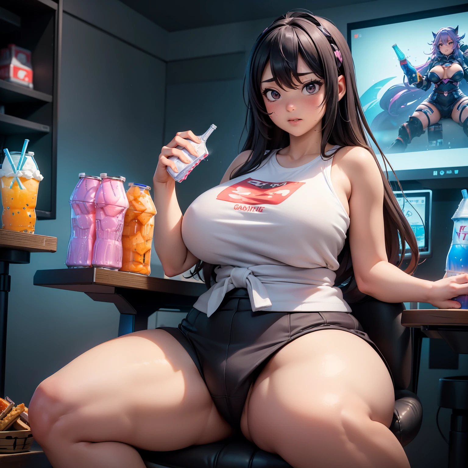 ((very fat Japanese NEET)), ((in a gamer room)). ((Volume and welcoming body: 1.6)), ((Generous and comfortable breasts: 1.7)), ((Sturdy and firm legs: 1.6)), ((Wide and cozy waist: 1.7)), ((Generous and cozy hip: 1.8)), ((Concentrated expression and focused on games: 1.5)), ((Relaxed posture and immersed in the environment: 1.4)), ((Immersive scenery of the gamer's room: 1.7)), ((Colorful lighting of the monitors: 1.6)), ((Modern video game console and accessories: 1.6)), ((Immersive gaming sound: 1.7)), ((Smell of snacks and soft drinks: 1.5)) Viewing the very fat Japanese NEET in her gamer room. With a voluminous and welcoming body, generous and comfortable breasts, robust and firm legs, a wide and welcoming waist, and generous and cozy hips. His expression is concentrated and focused on the games, his posture relaxed and immersed in the entertainment environment. The immersive setting of the gamer's room, with the colorful lighting of the monitors, the video game console and modern accessories around it, the immersive sound of the games filling the space, and the characteristic smell of snacks and soft drinks.