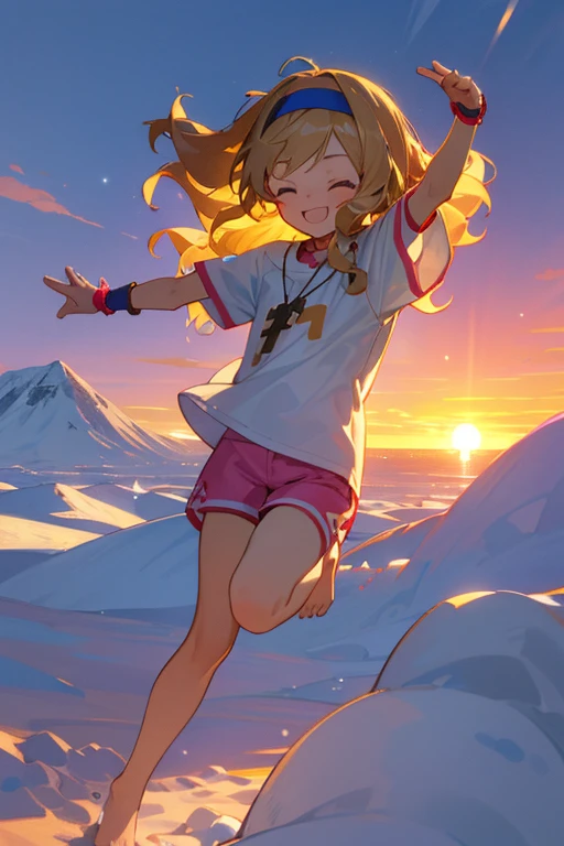 a cute 6 year old christian church girl named Zachary, joyful, brownish blonde hair, hairband, skinny, long wavy hair, in the arctic, wintertime, playing in the snow, short sleeved white sport jersey tshirt, pink shorts, cross necklace, sunset, slight smile, wristbands, barefoot , winking, hand details, feet details, climbing the mountain