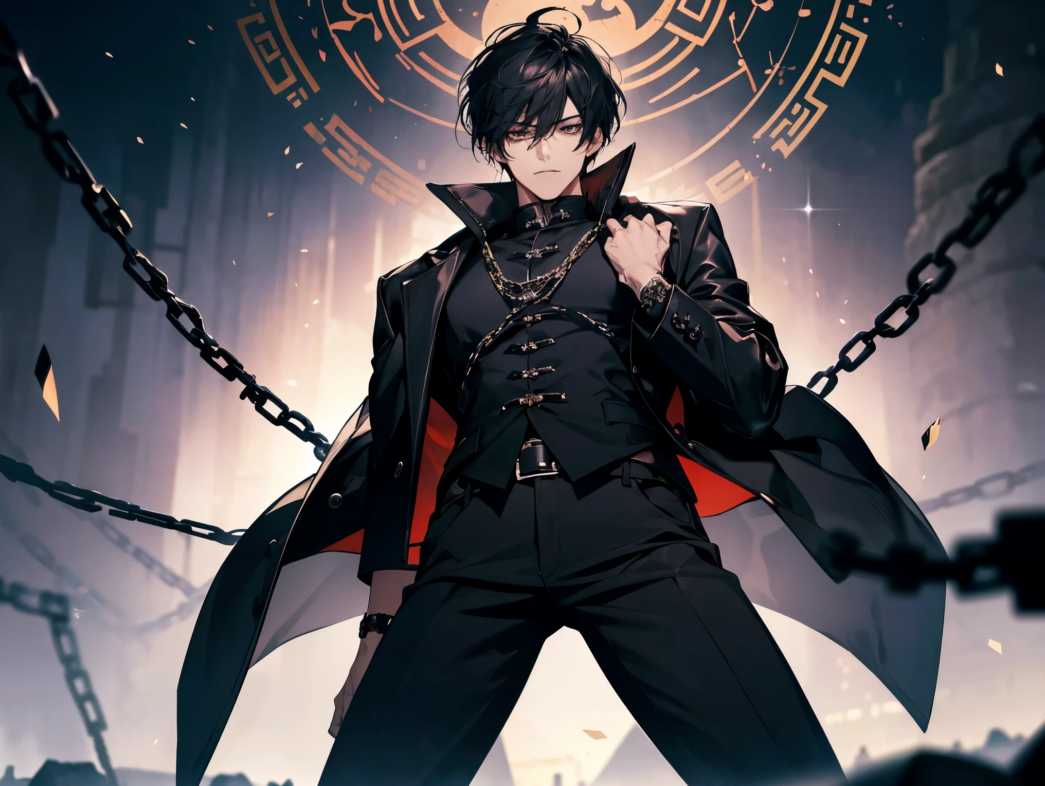 1 man, teacher, wearing a black leather jacket robe with chains, long black pants, black hair, short hair, face to detail, detailed eyes, black eyes, black crown floating over his head, in a fighting pose, the background is space beings in china, dark grey skin.