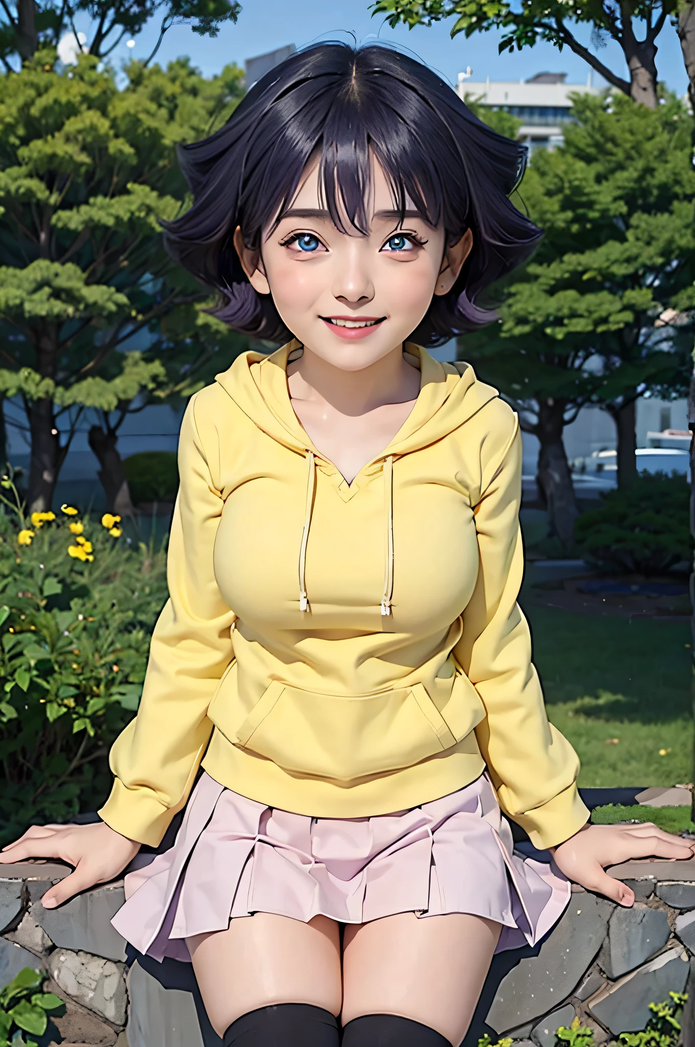 1girl, himawari anime naruto shipudden, short hair , purple hair, blue eyes, beautiful, Very Big Breasts, Not wearing clothes , smile, realistic clothes, detail clothes, city background, ultra detail, realistic