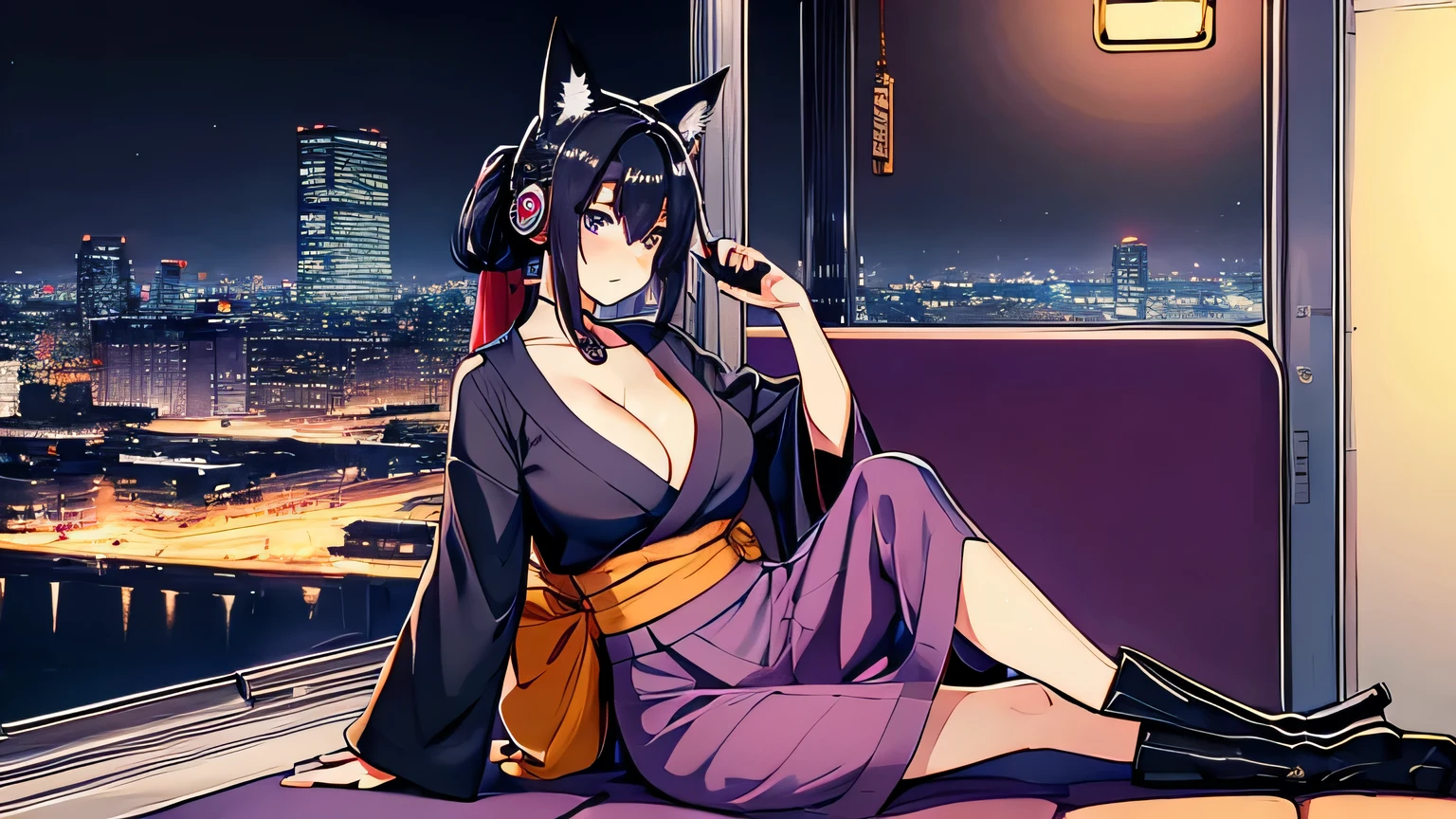 1 girl , alone ,Taisho Modern、big cleavage , greenish black hair、ponytail、fox ears、Brightly colored eyes、blue eyes、sunglasses、Dark purple kimono、red hair ornament、light purple long hakama、leather boots、Headphones around the neck、sunglasses、flashy necklace、pistol hanging from waist、sexy、charm、Wet、face turns red , Inside the train、sitting、Night city seen from the window